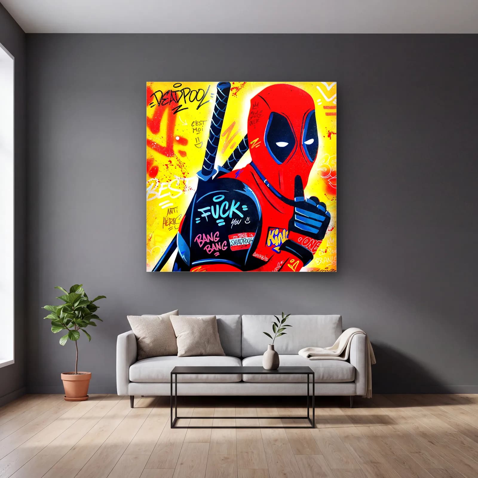 Deadpool Grafiti Pop Art cam tablo — gri duvarlı salonda
