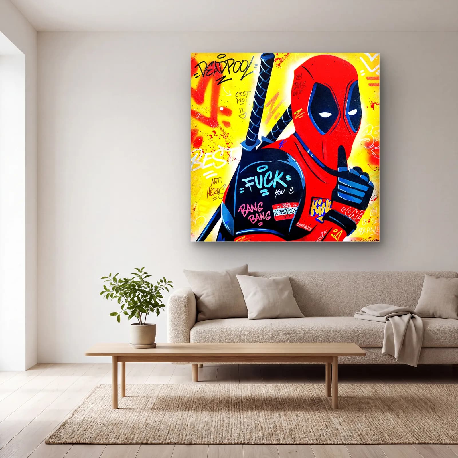 Deadpool Grafiti Pop Art cam tablo — açık renk salonda