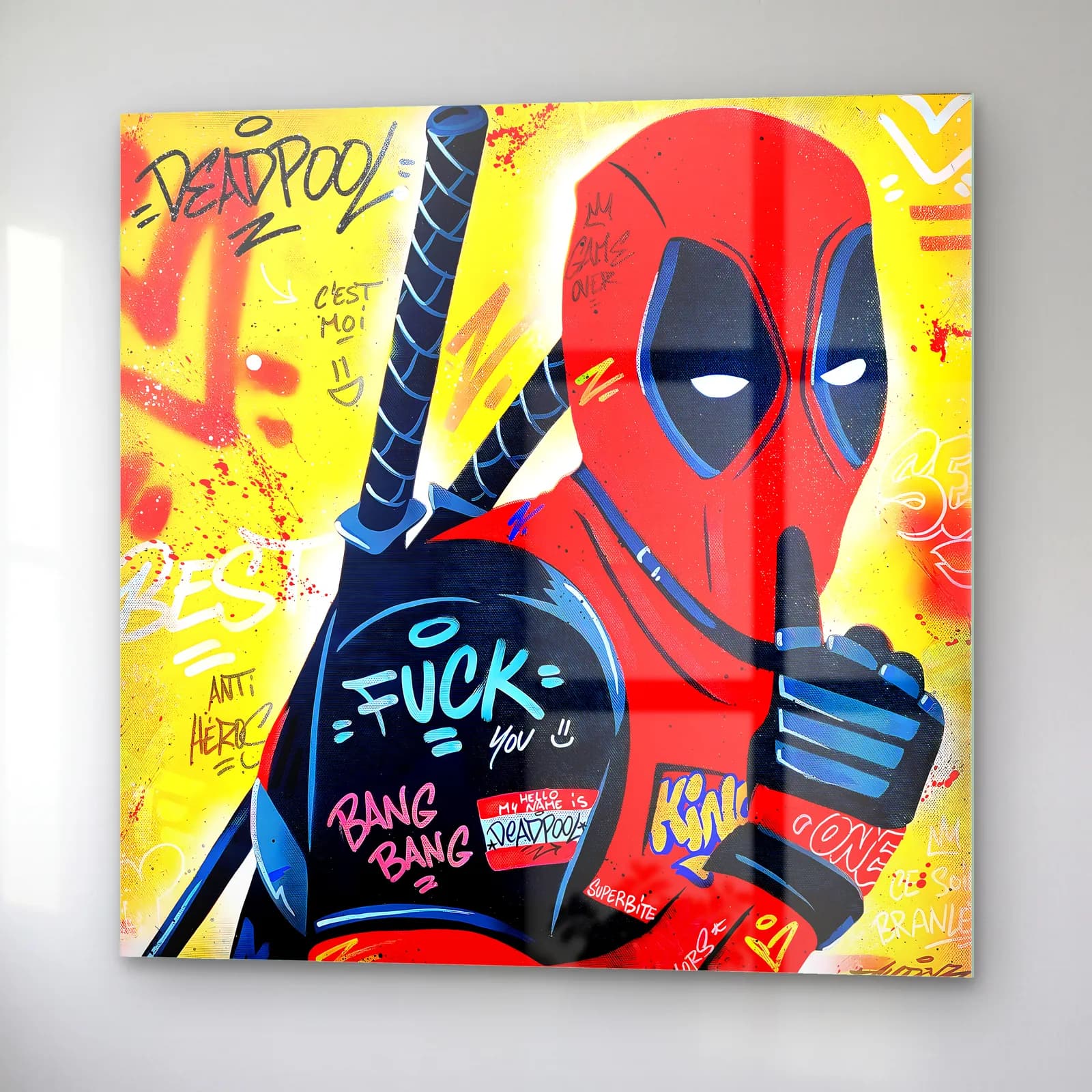 Deadpool Grafiti Pop Art cam tablo — sağ açıdan görünüm