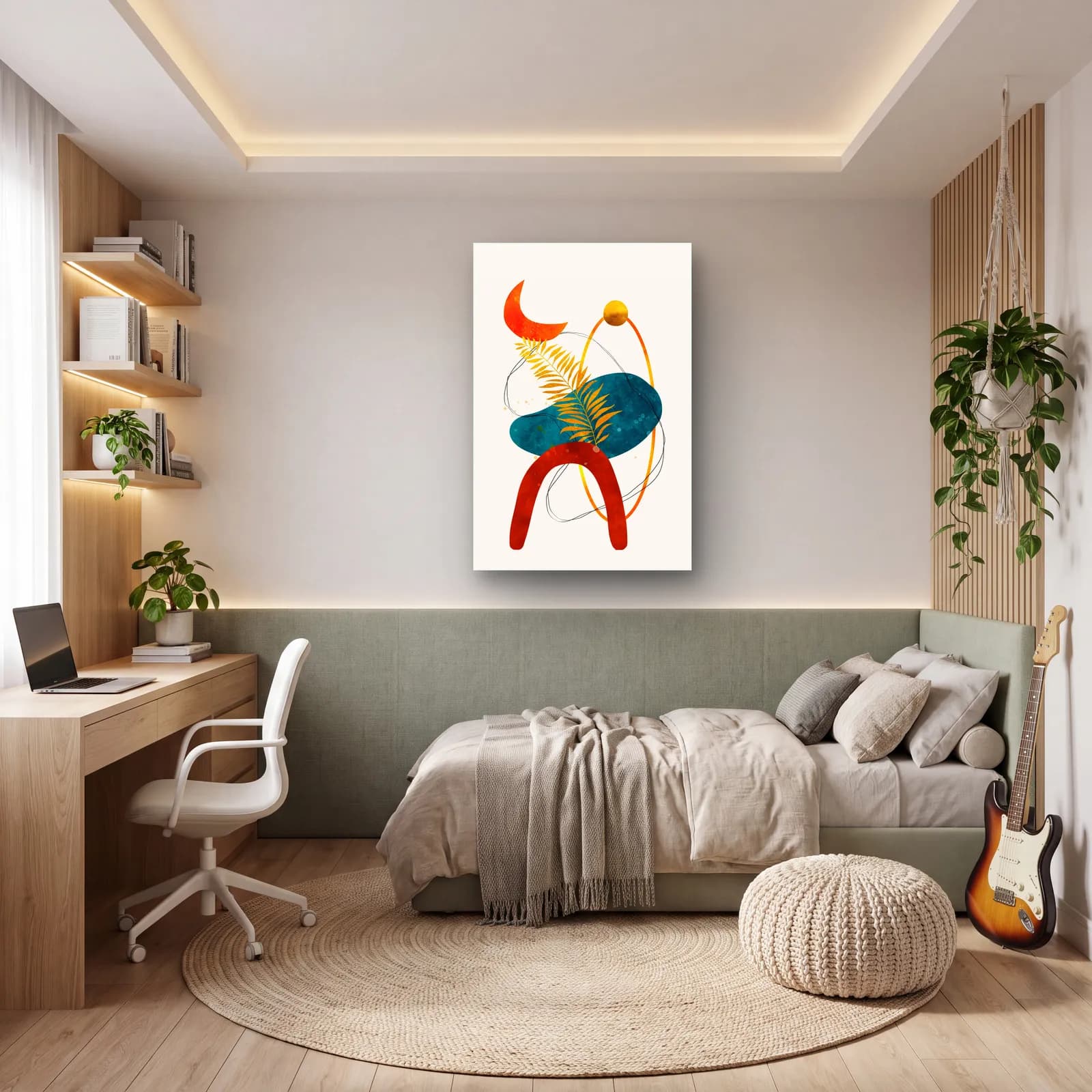 Boho Yaprak Set 4 Parça 3 cam tablo — genç odasında