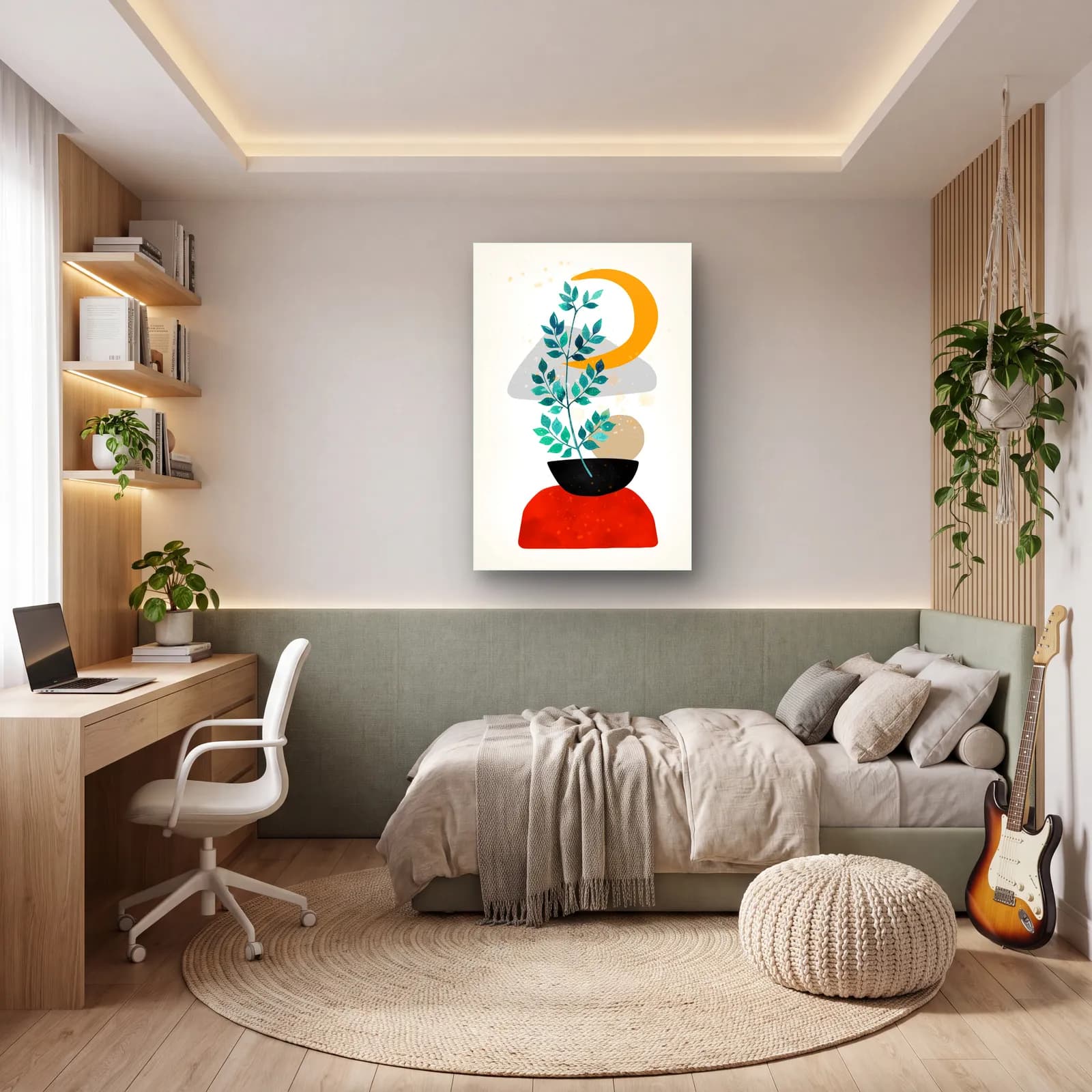 Okaliptüs Boho Set 5 Parça 3 cam tablo — genç odasında