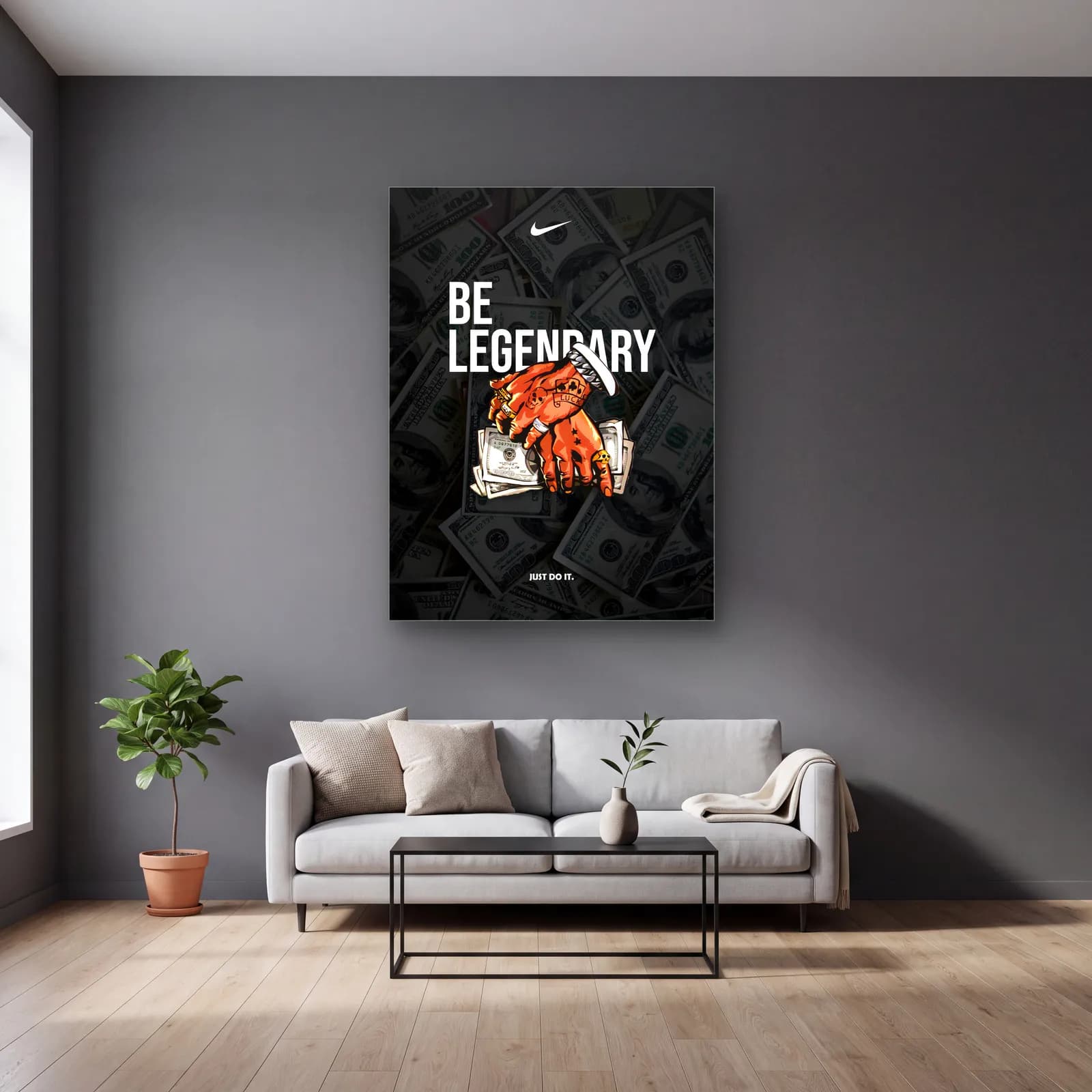 Be Legendary Motivasyon Set Parça 1 cam tablo — gri duvarlı salonda