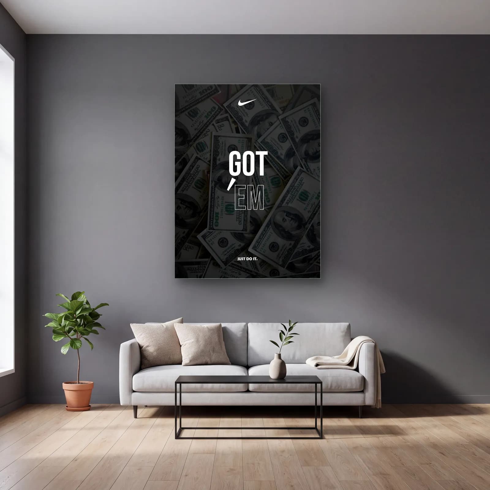 Got Em Motivasyon Set Parça 2 cam tablo — gri duvarlı salonda