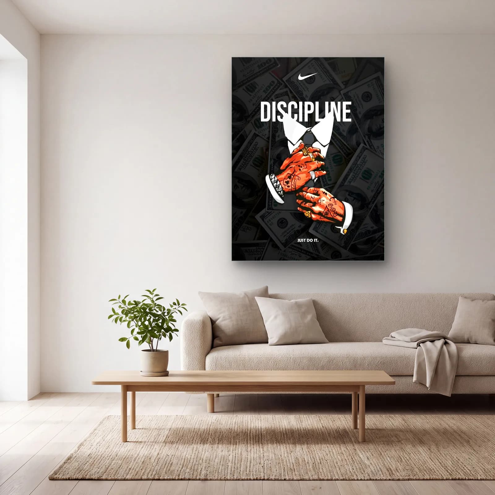 Discipline Motivasyon Set Parça 3 cam tablo — açık renk salonda
