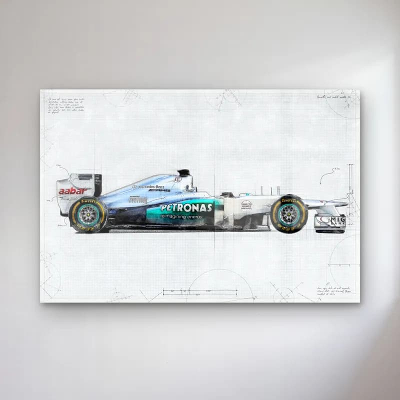 Mercedes F1 Teknik Çizim Yan Görünüm cam tablo — Beyaz teknik çizim zemininde yandan gümüş Mercedes F1 aracı