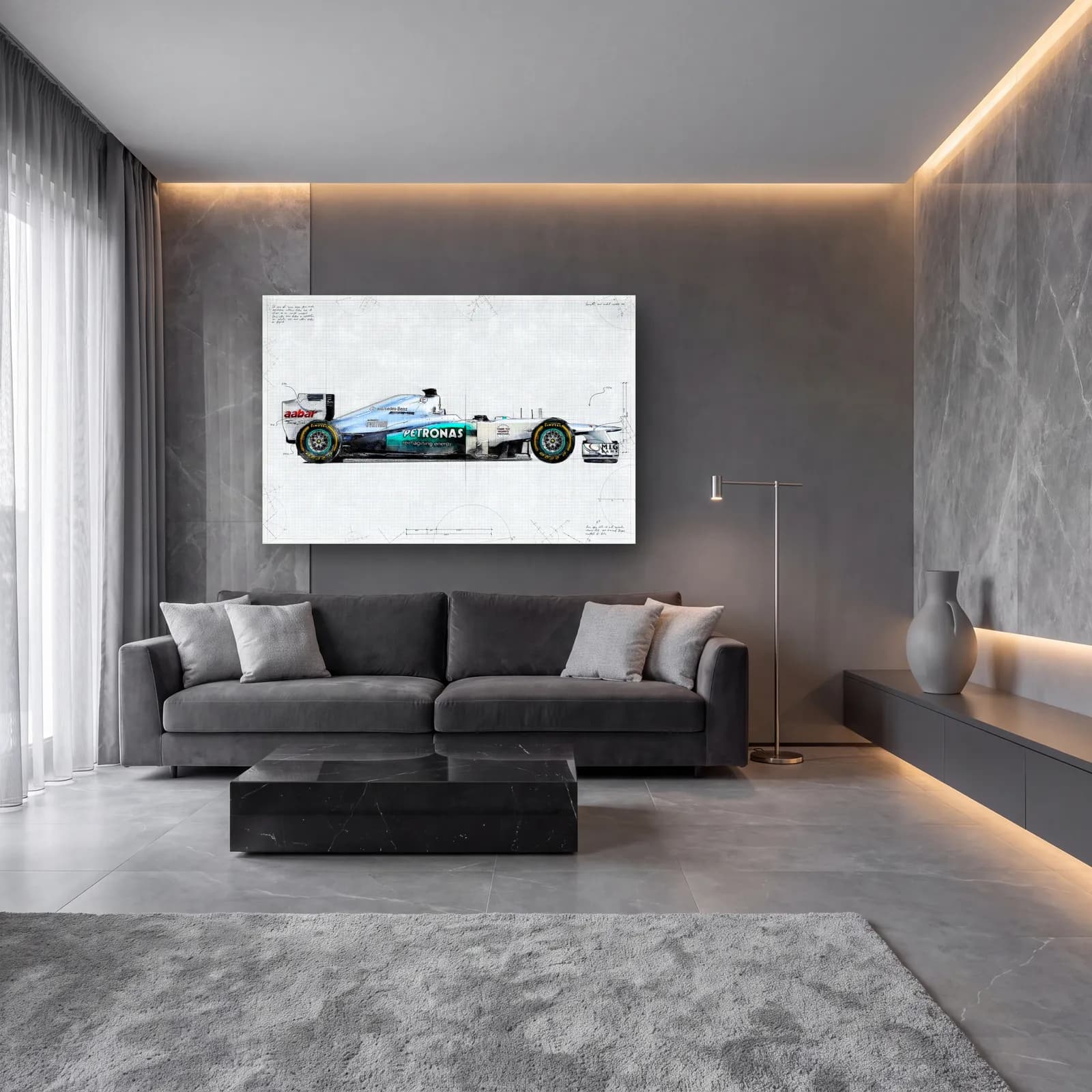 Mercedes F1 Teknik Çizim Yan Görünüm cam tablo — lüks salon duvarında