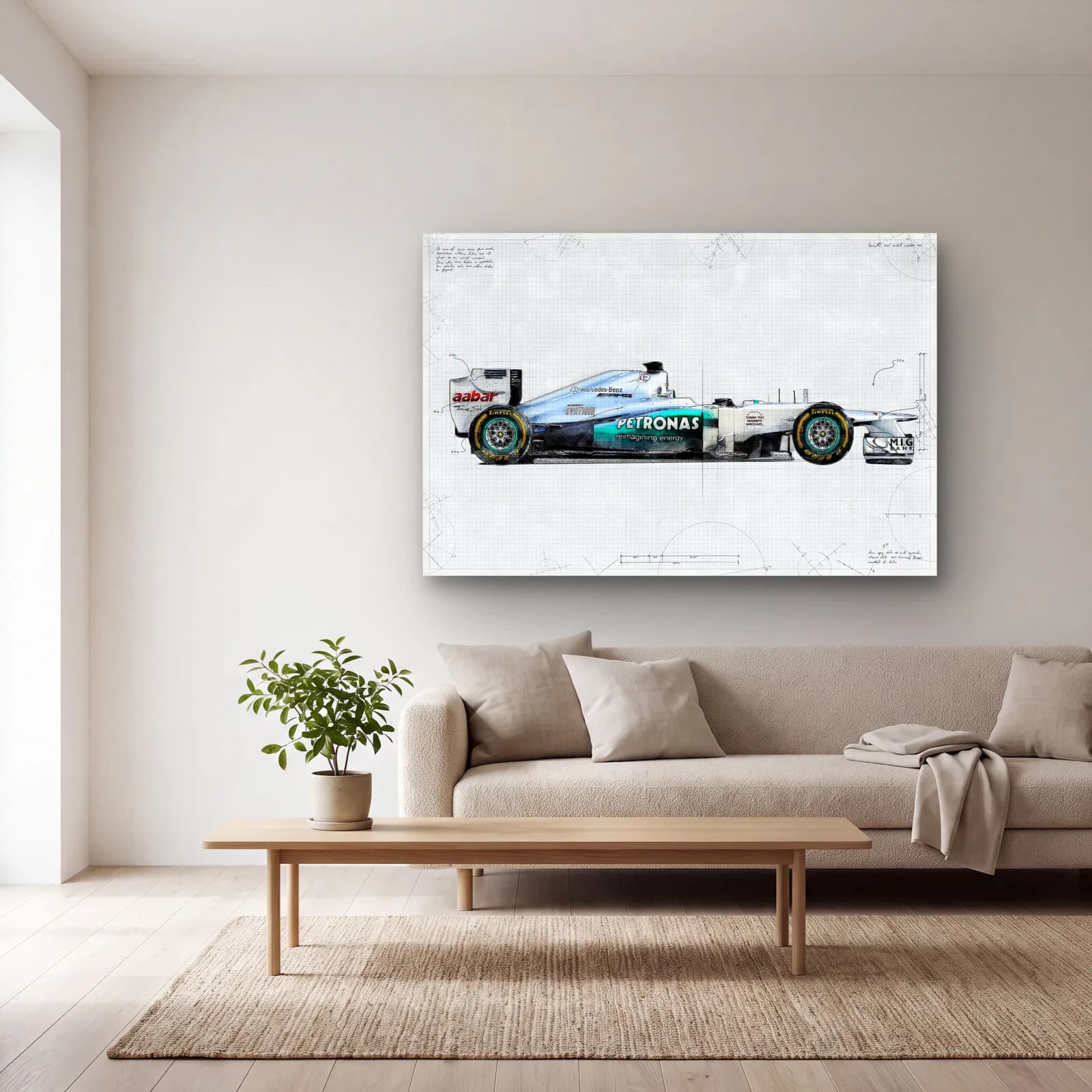 Mercedes F1 Teknik Çizim Yan Görünüm cam tablo — açık renk salonda