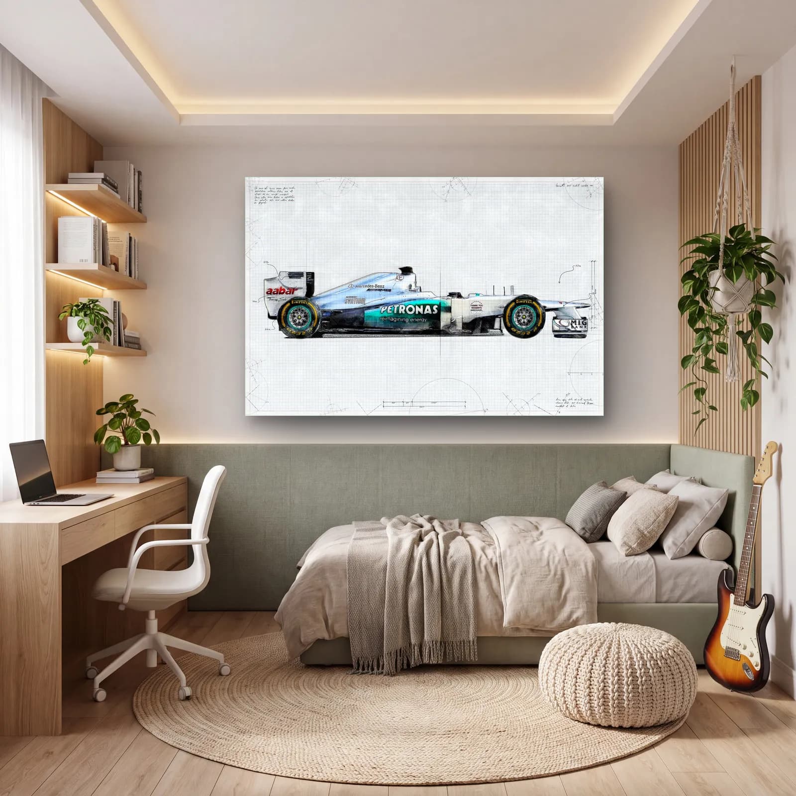 Mercedes F1 Teknik Çizim Yan Görünüm cam tablo — genç odasında