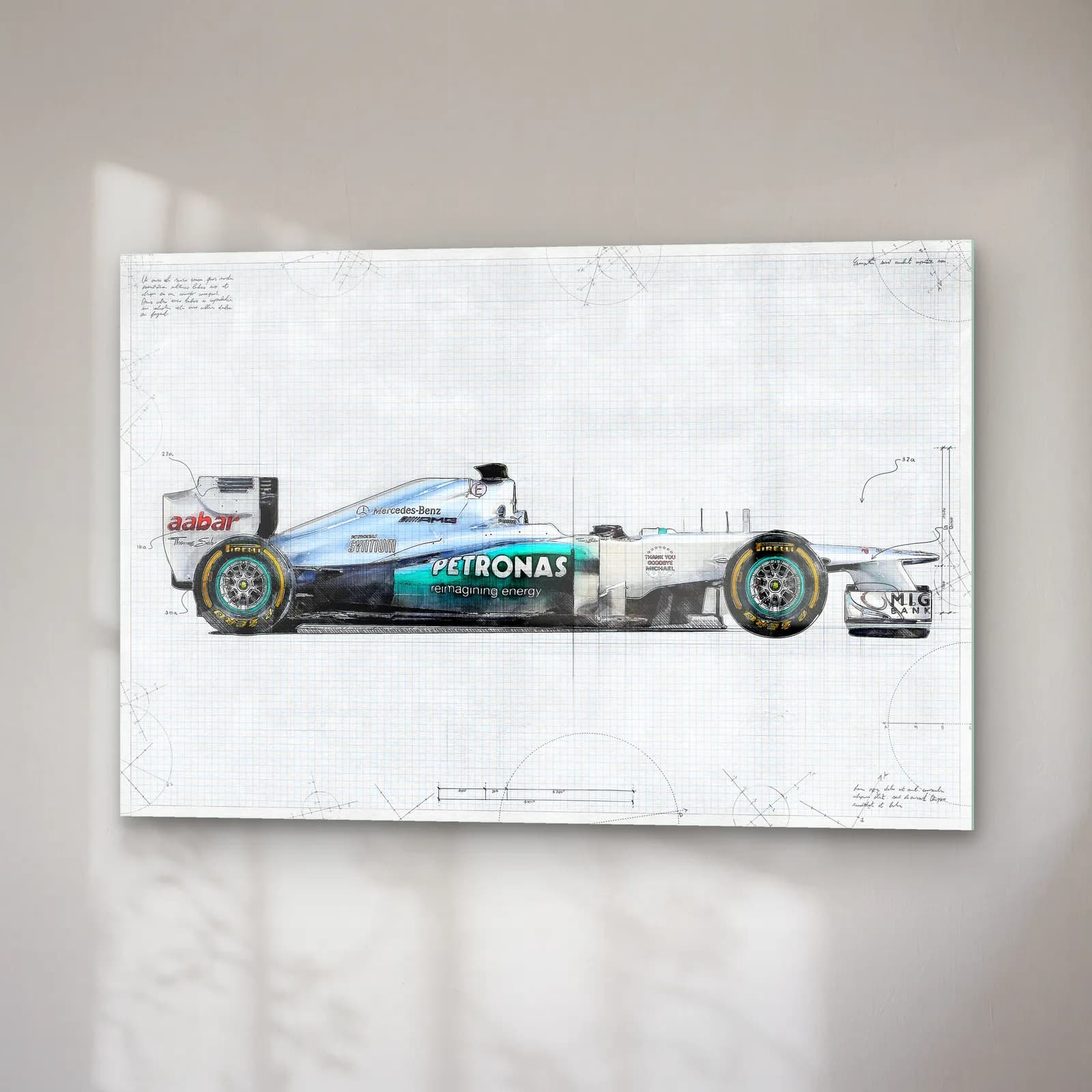 Mercedes F1 Teknik Çizim Yan Görünüm cam tablo — sağ açıdan görünüm