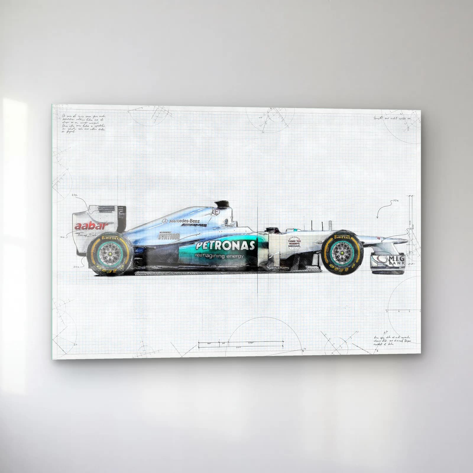 Mercedes F1 Teknik Çizim Yan Görünüm cam tablo — sol açıdan görünüm