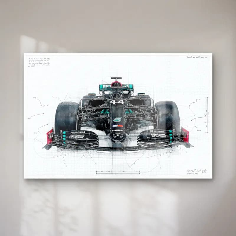 Mercedes F1 Teknik Çizim Ön Görünüm cam tablo — Beyaz teknik çizim zemininde önden 44 numaralı siyah Mercedes F1 aracı