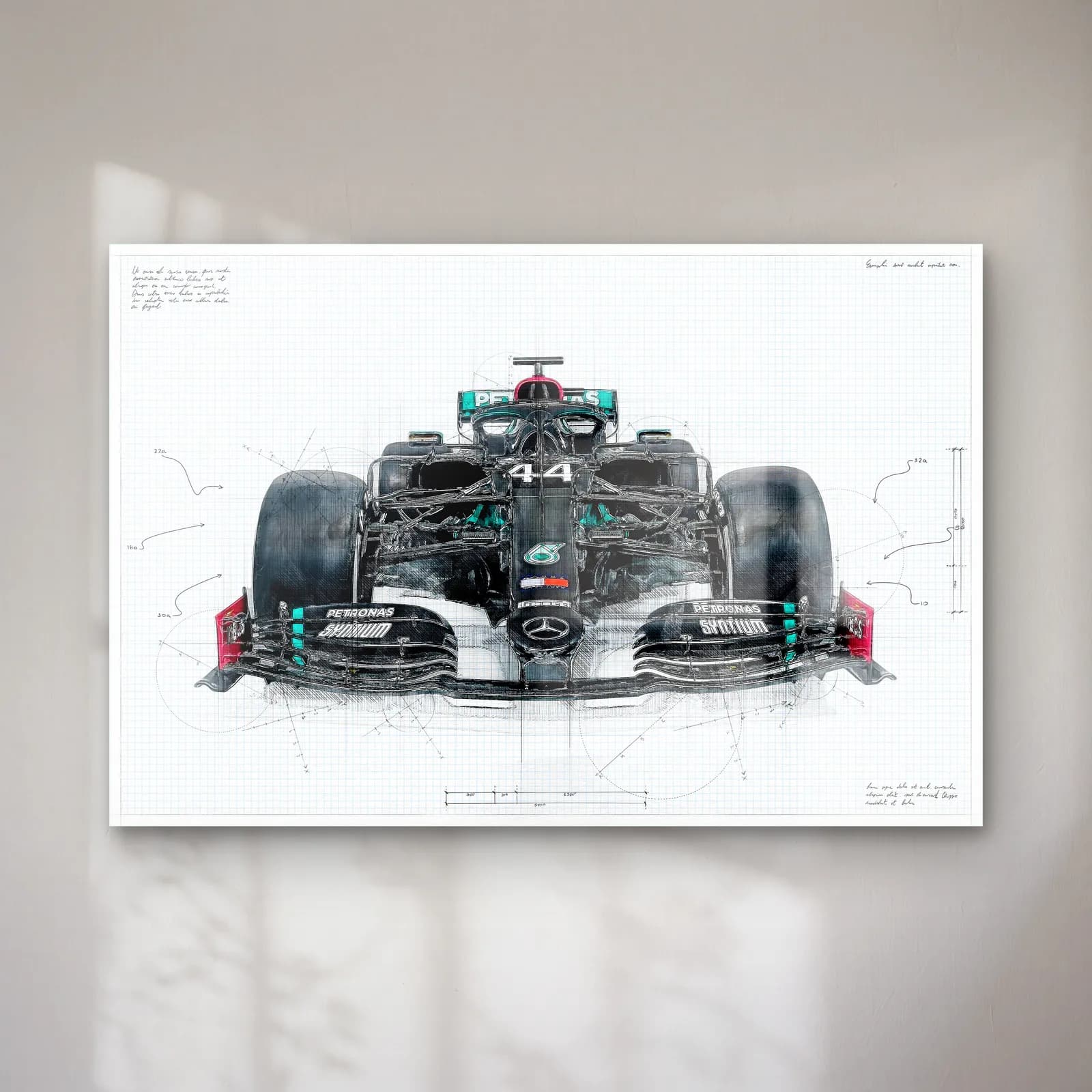 Mercedes F1 Teknik Çizim Ön Görünüm cam tablo — Beyaz teknik çizim zemininde önden 44 numaralı siyah Mercedes F1 aracı