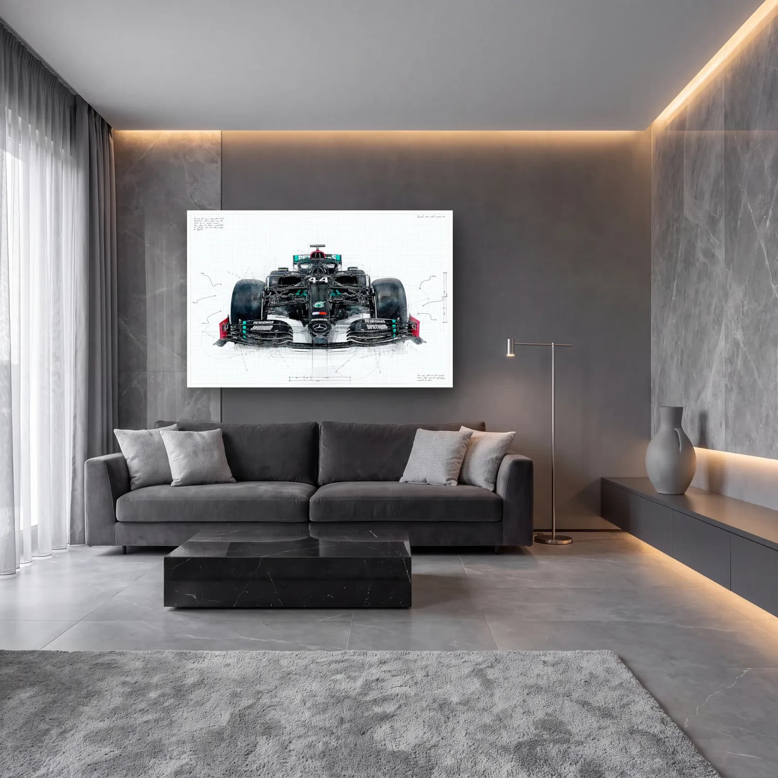 Mercedes F1 Teknik Çizim Ön Görünüm cam tablo — lüks salon duvarında