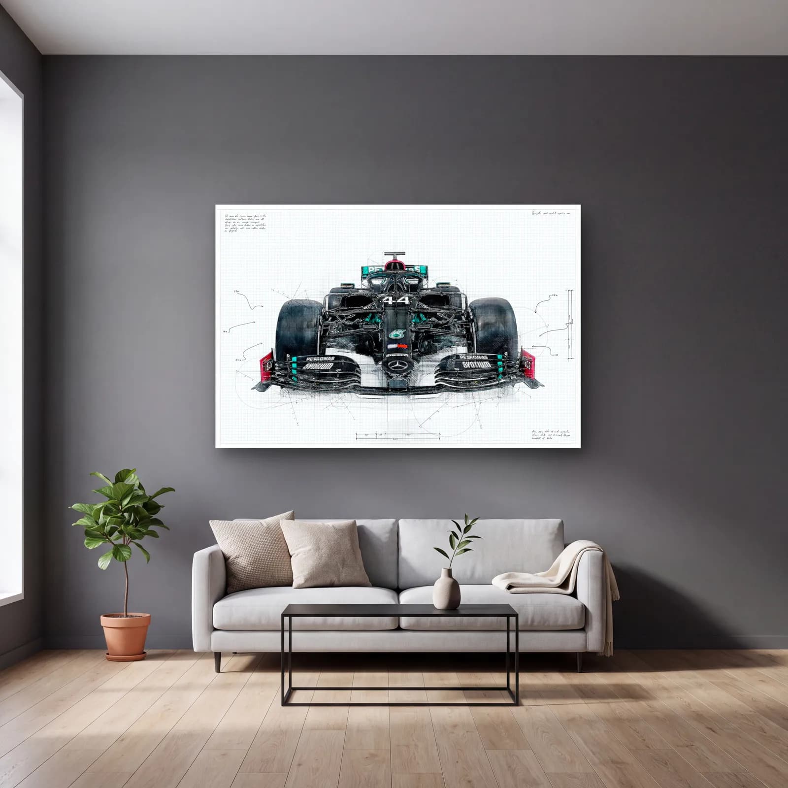 Mercedes F1 Teknik Çizim Ön Görünüm cam tablo — gri duvarlı salonda