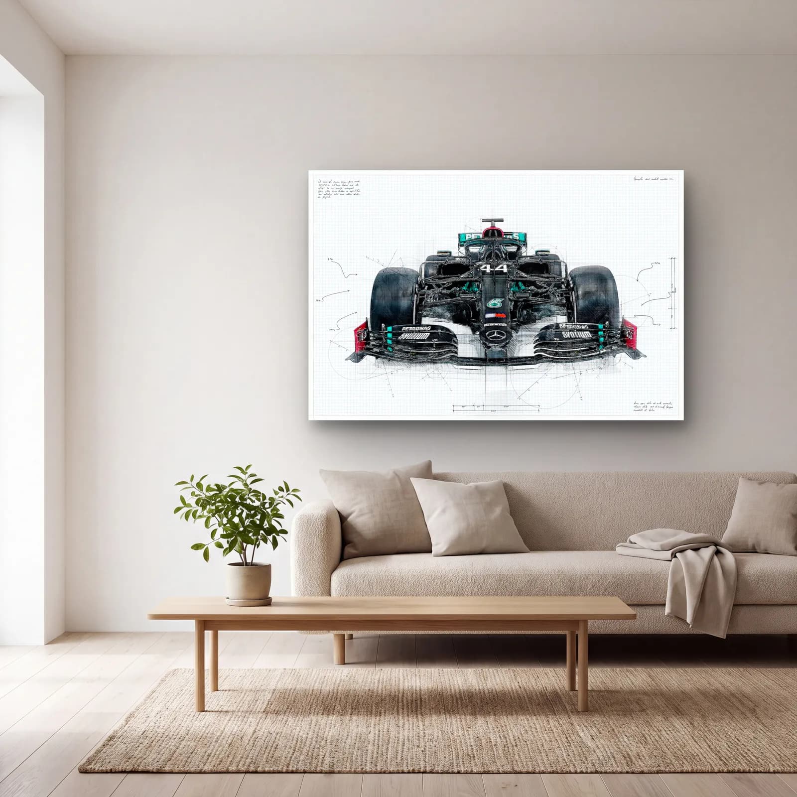 Mercedes F1 Teknik Çizim Ön Görünüm cam tablo — açık renk salonda