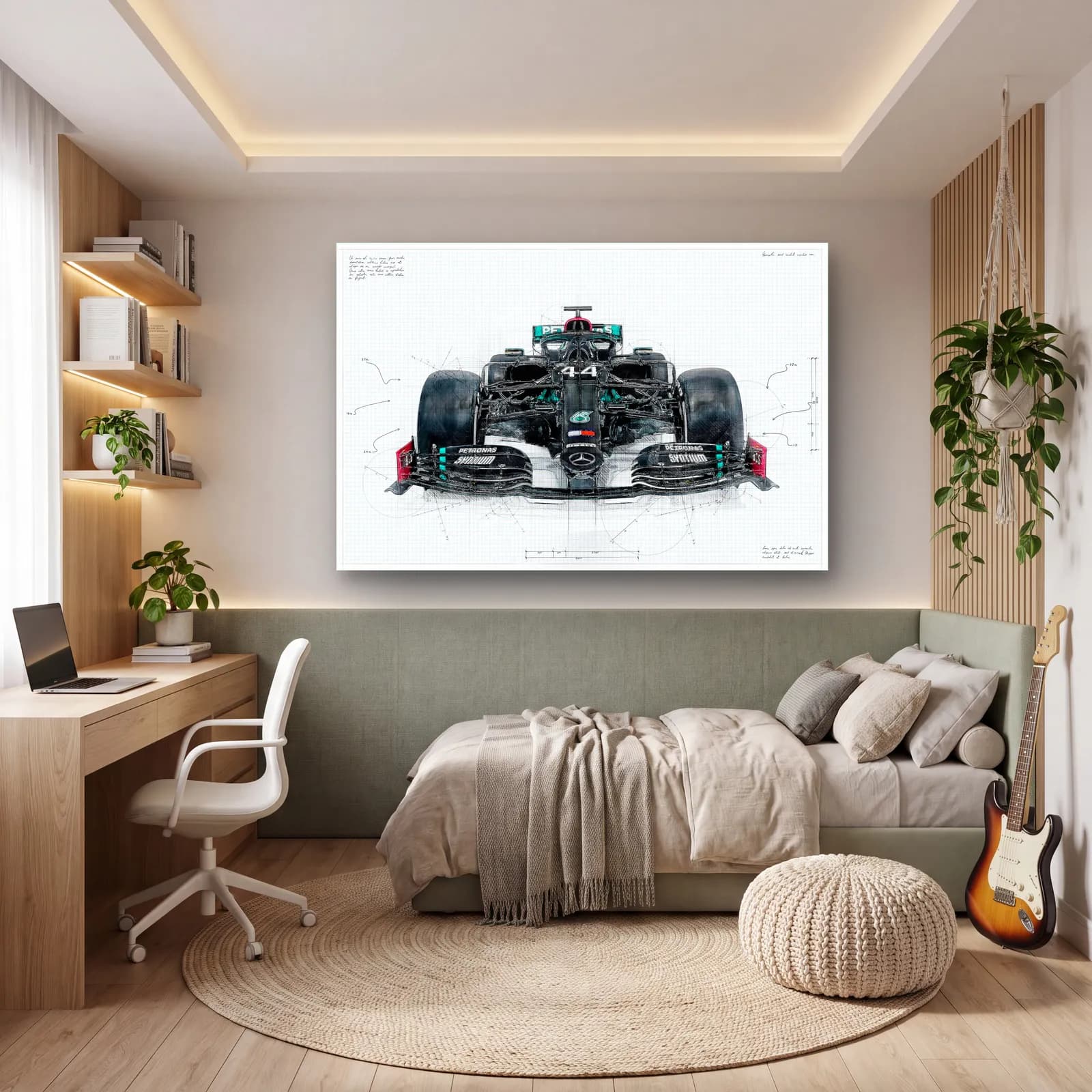 Mercedes F1 Teknik Çizim Ön Görünüm cam tablo — genç odasında