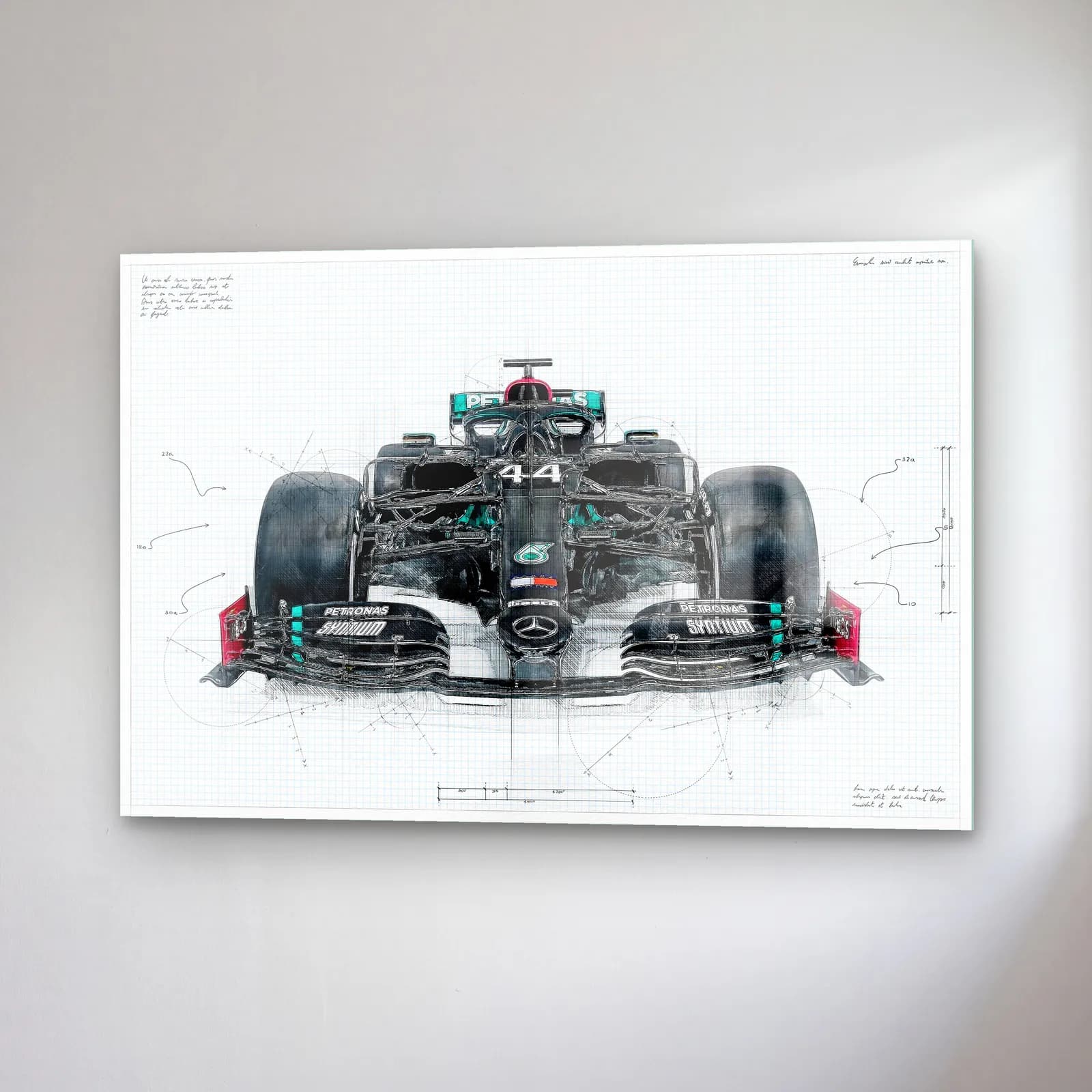 Mercedes F1 Teknik Çizim Ön Görünüm cam tablo — sağ açıdan görünüm