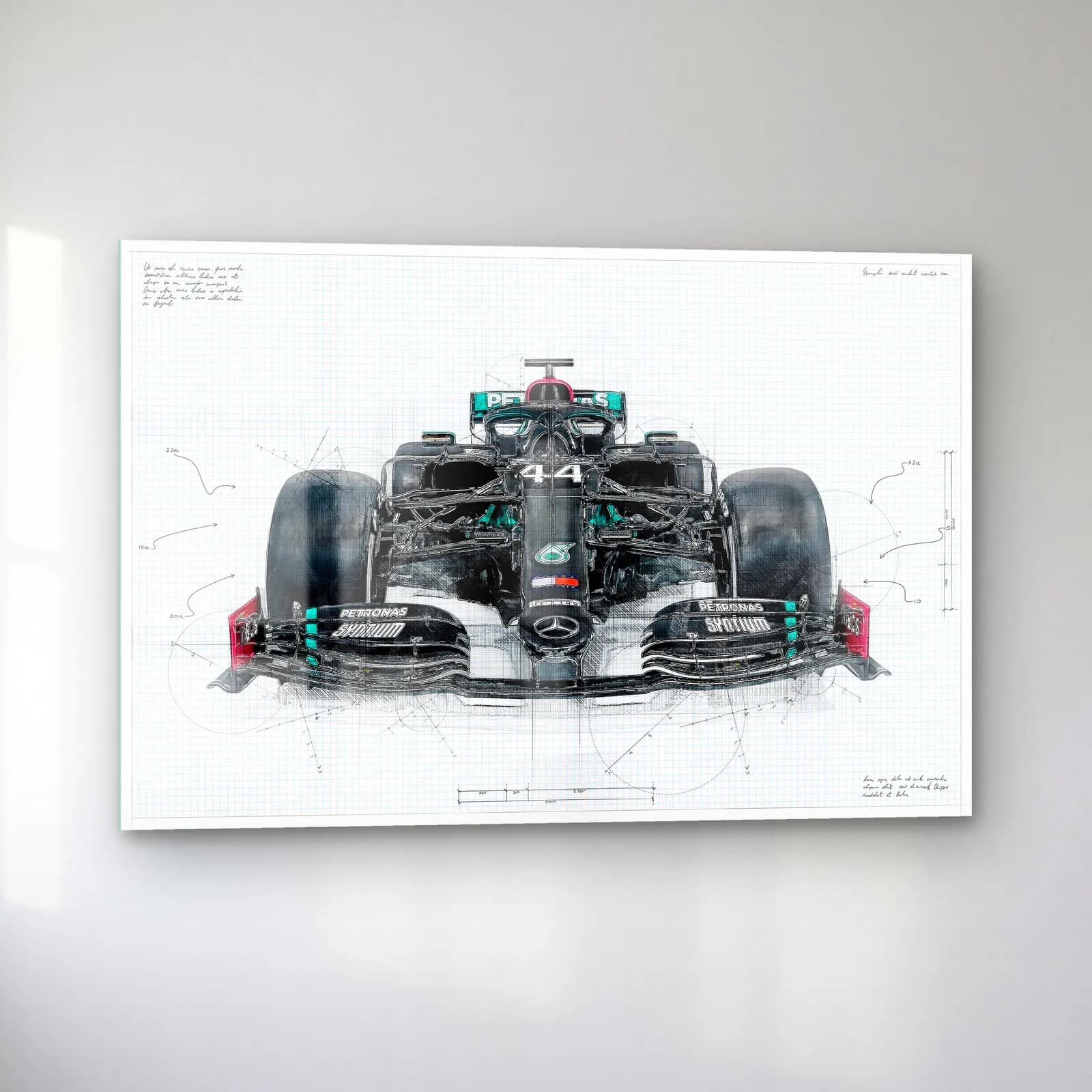 Mercedes F1 Teknik Çizim Ön Görünüm cam tablo — sol açıdan görünüm