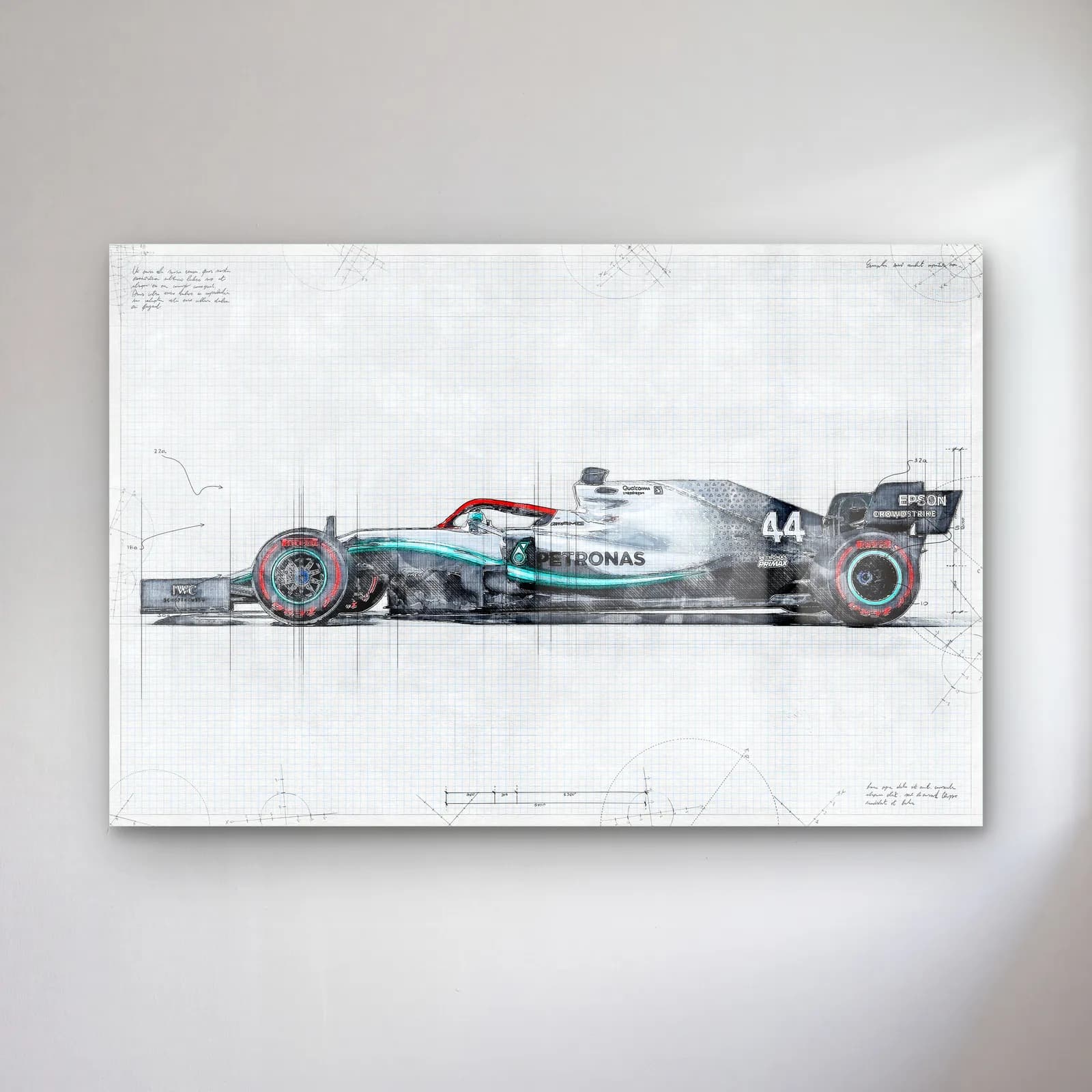 Mercedes F1 Eskiz Çizim Yan Görünüm cam tablo — Beyaz zeminde eskizden renge geçen yandan gümüş 44 numaralı F1 aracı