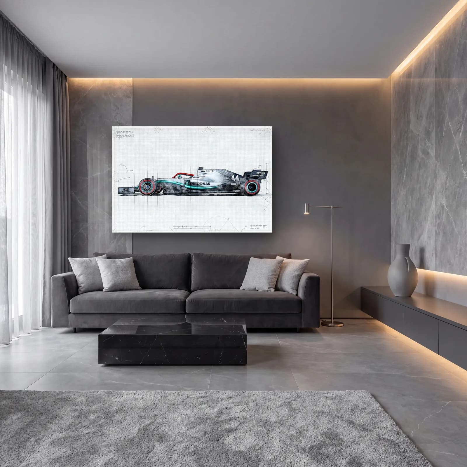 Mercedes F1 Eskiz Çizim Yan Görünüm cam tablo — lüks salon duvarında