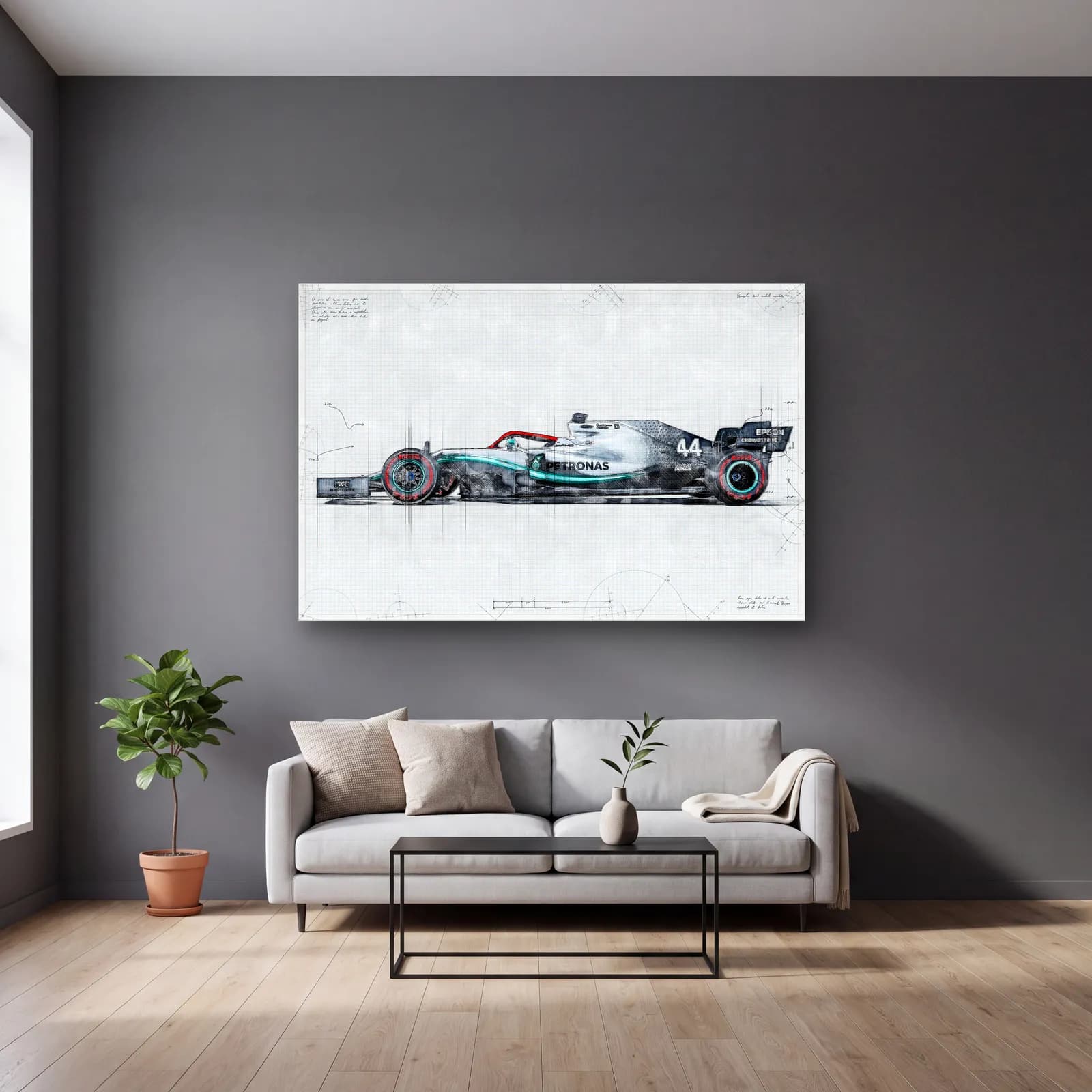 Mercedes F1 Eskiz Çizim Yan Görünüm cam tablo — gri duvarlı salonda