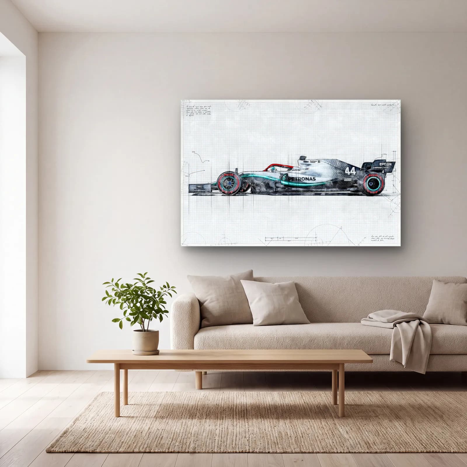Mercedes F1 Eskiz Çizim Yan Görünüm cam tablo — açık renk salonda