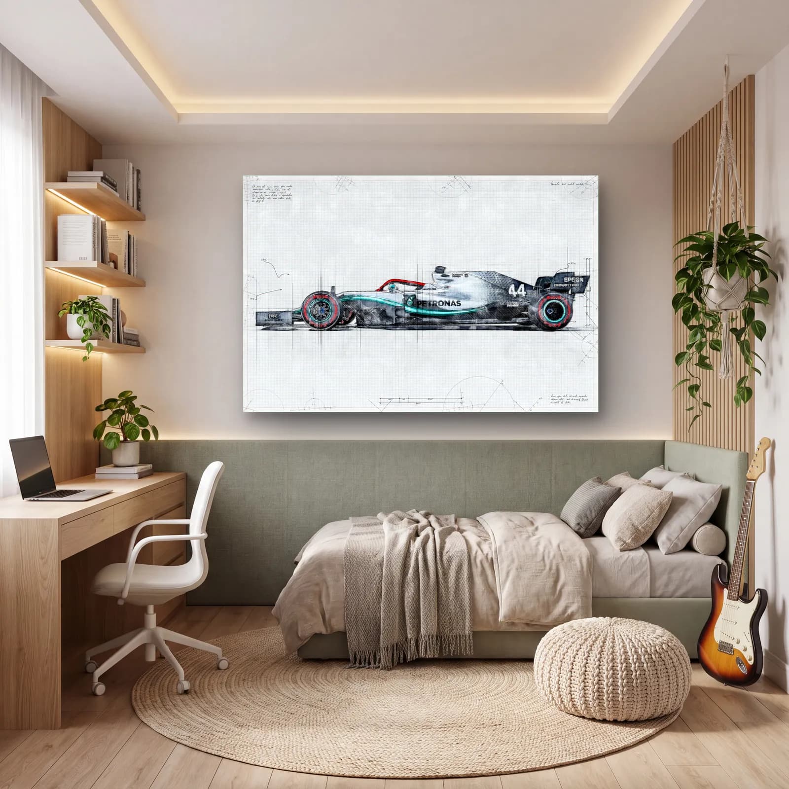 Mercedes F1 Eskiz Çizim Yan Görünüm cam tablo — genç odasında