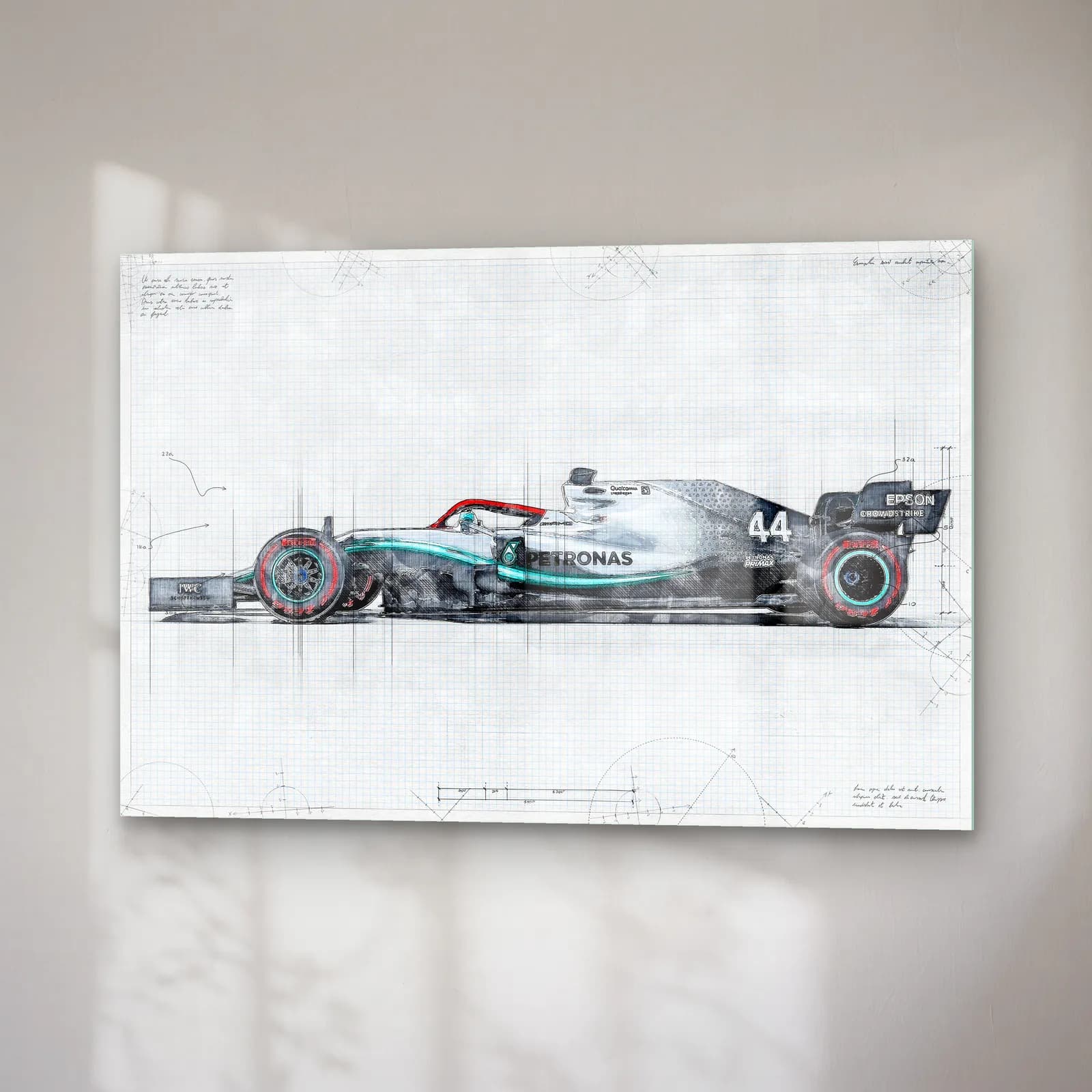 Mercedes F1 Eskiz Çizim Yan Görünüm cam tablo — sağ açıdan görünüm