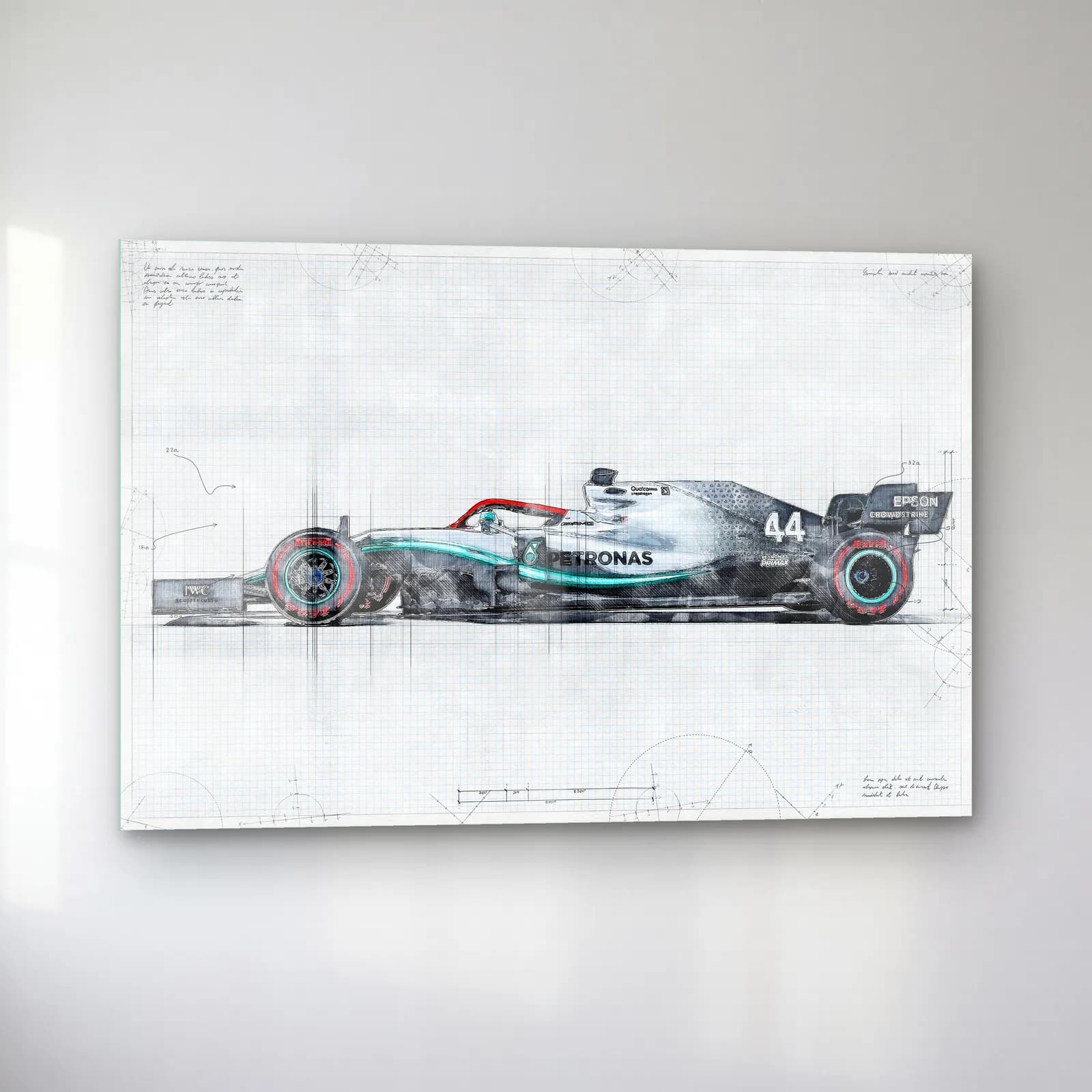 Mercedes F1 Eskiz Çizim Yan Görünüm cam tablo — sol açıdan görünüm