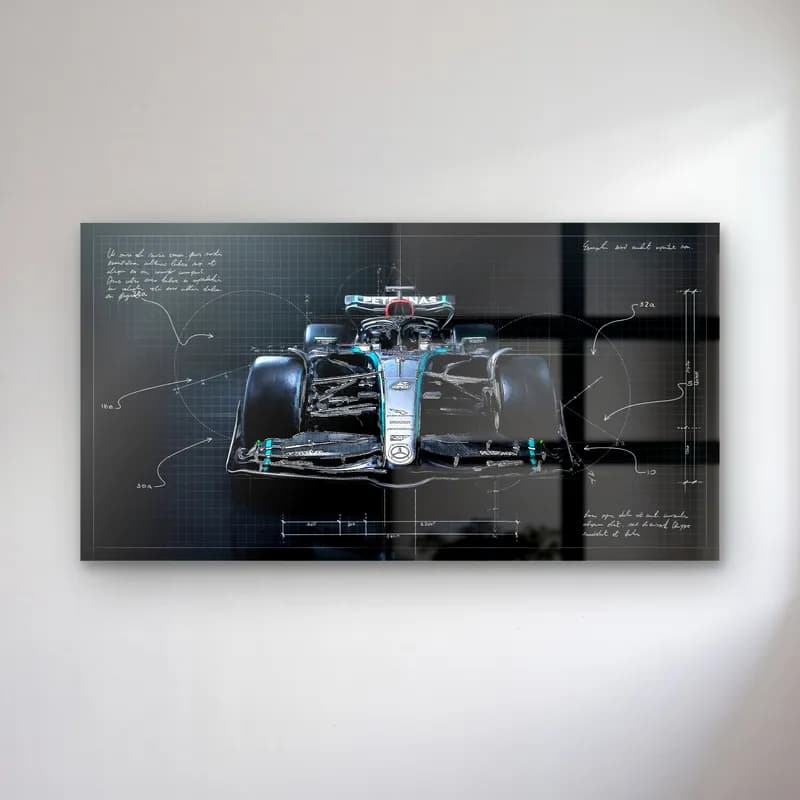 Mercedes F1 Koyu Blueprint Ön cam tablo — Koyu teknik çizim zemininde önden siyah Mercedes F1 aracı