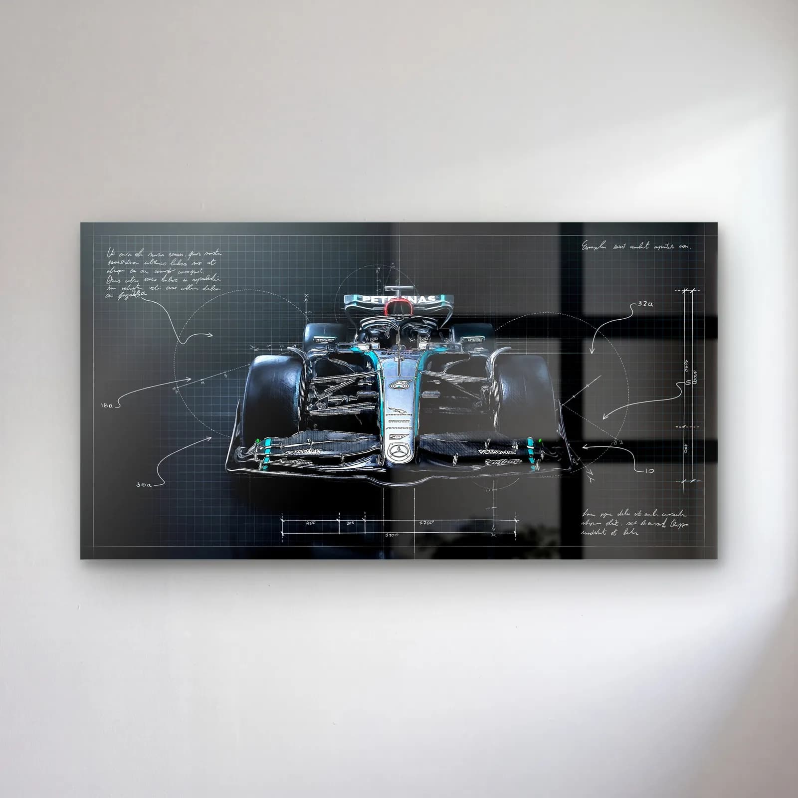 Mercedes F1 Koyu Blueprint Ön cam tablo — Koyu teknik çizim zemininde önden siyah Mercedes F1 aracı
