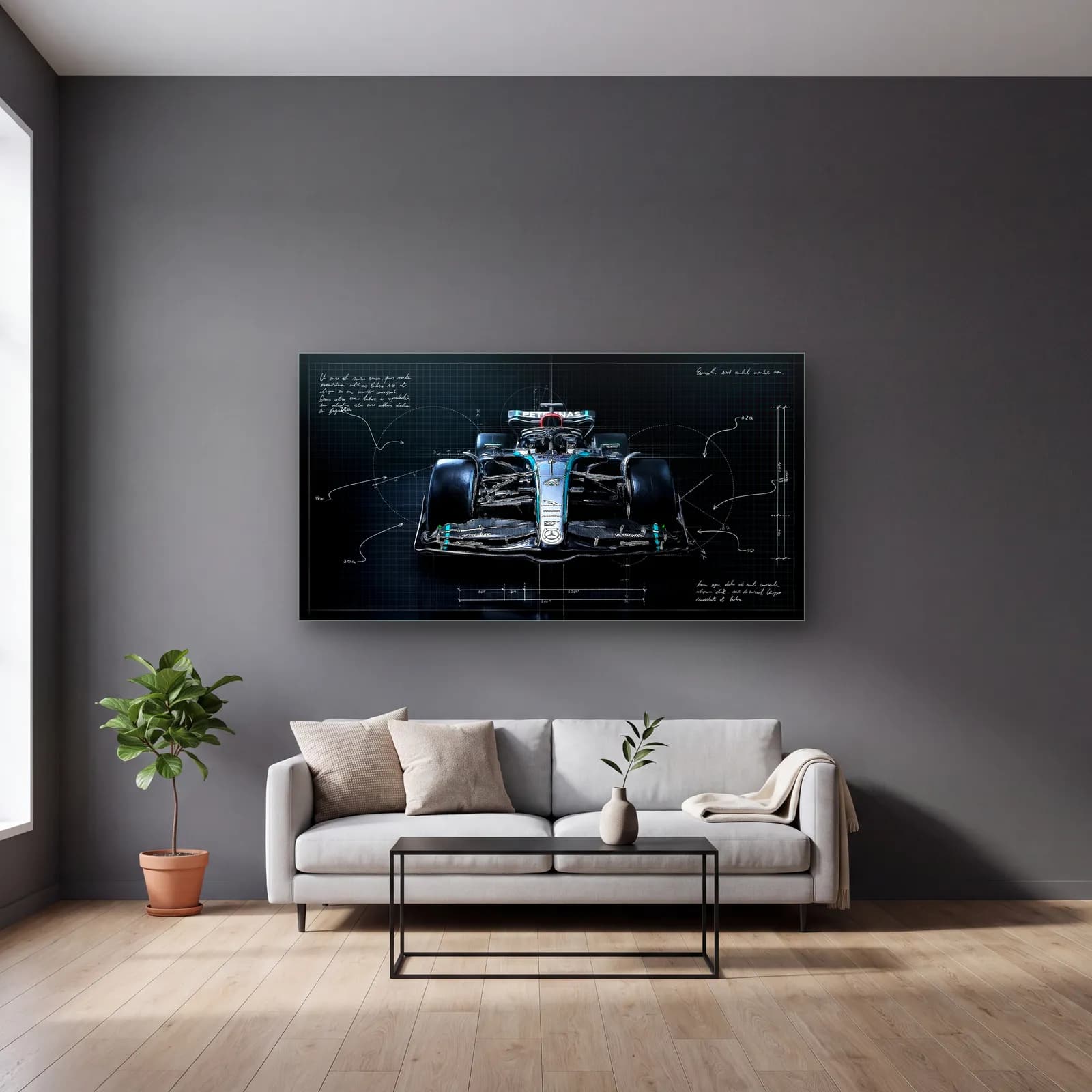 Mercedes F1 Koyu Blueprint Ön cam tablo — gri duvarlı salonda