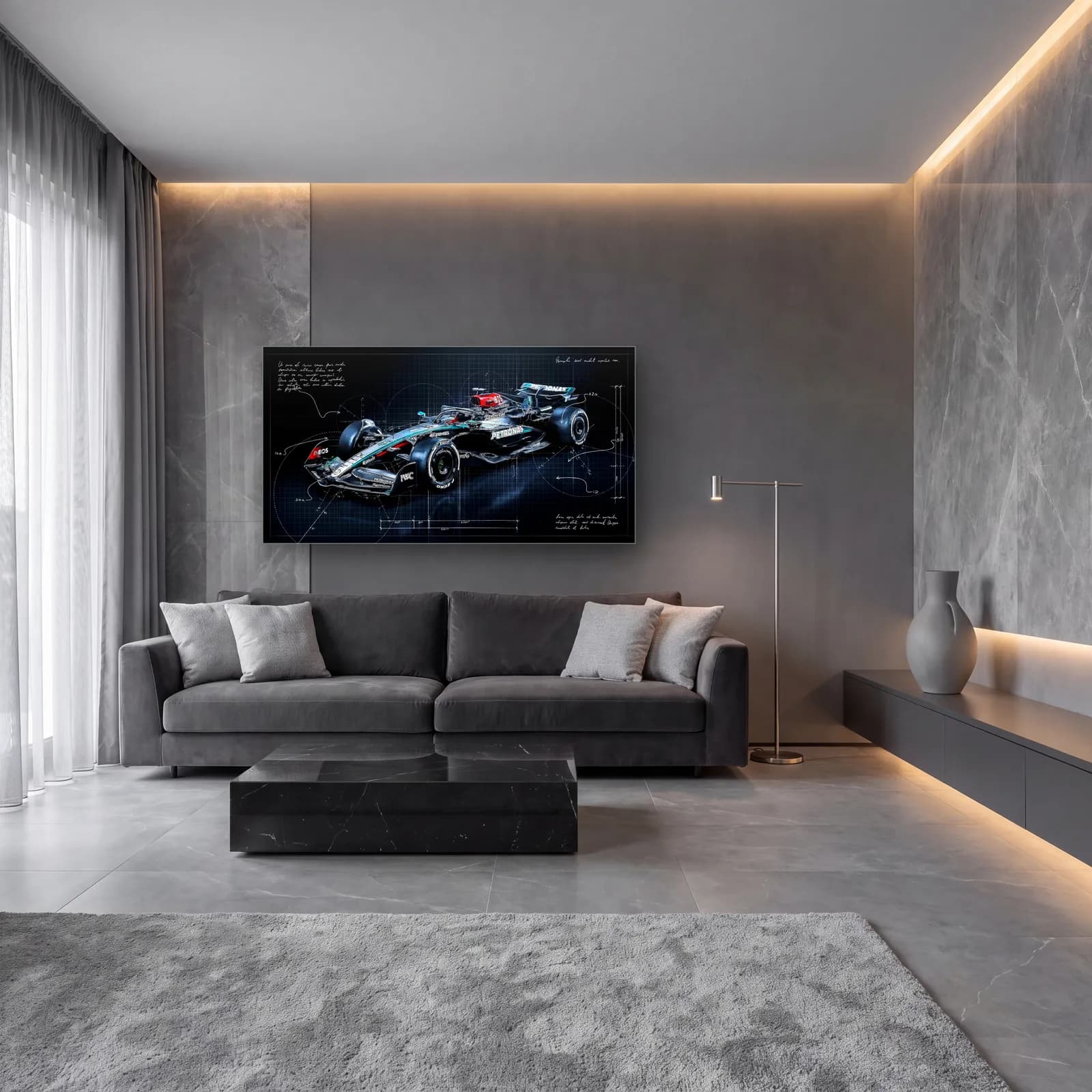 Mercedes F1 Koyu Blueprint Çapraz cam tablo — lüks salon duvarında