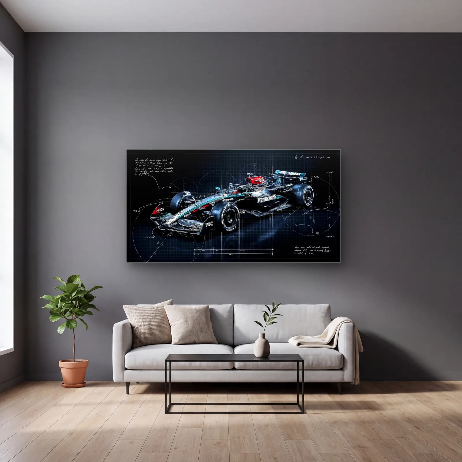 Mercedes F1 Koyu Blueprint Çapraz cam tablo — gri duvarlı salonda