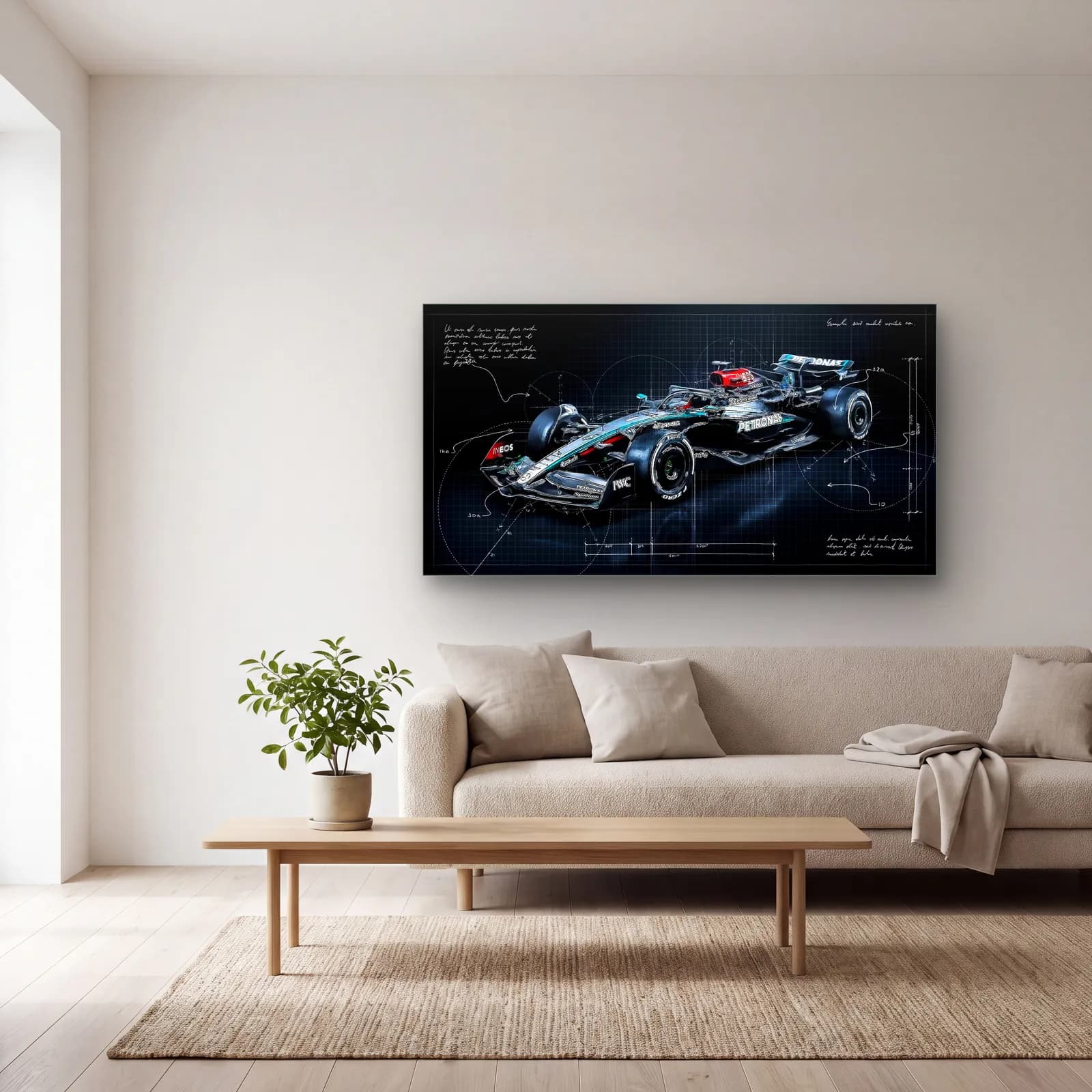 Mercedes F1 Koyu Blueprint Çapraz cam tablo — açık renk salonda
