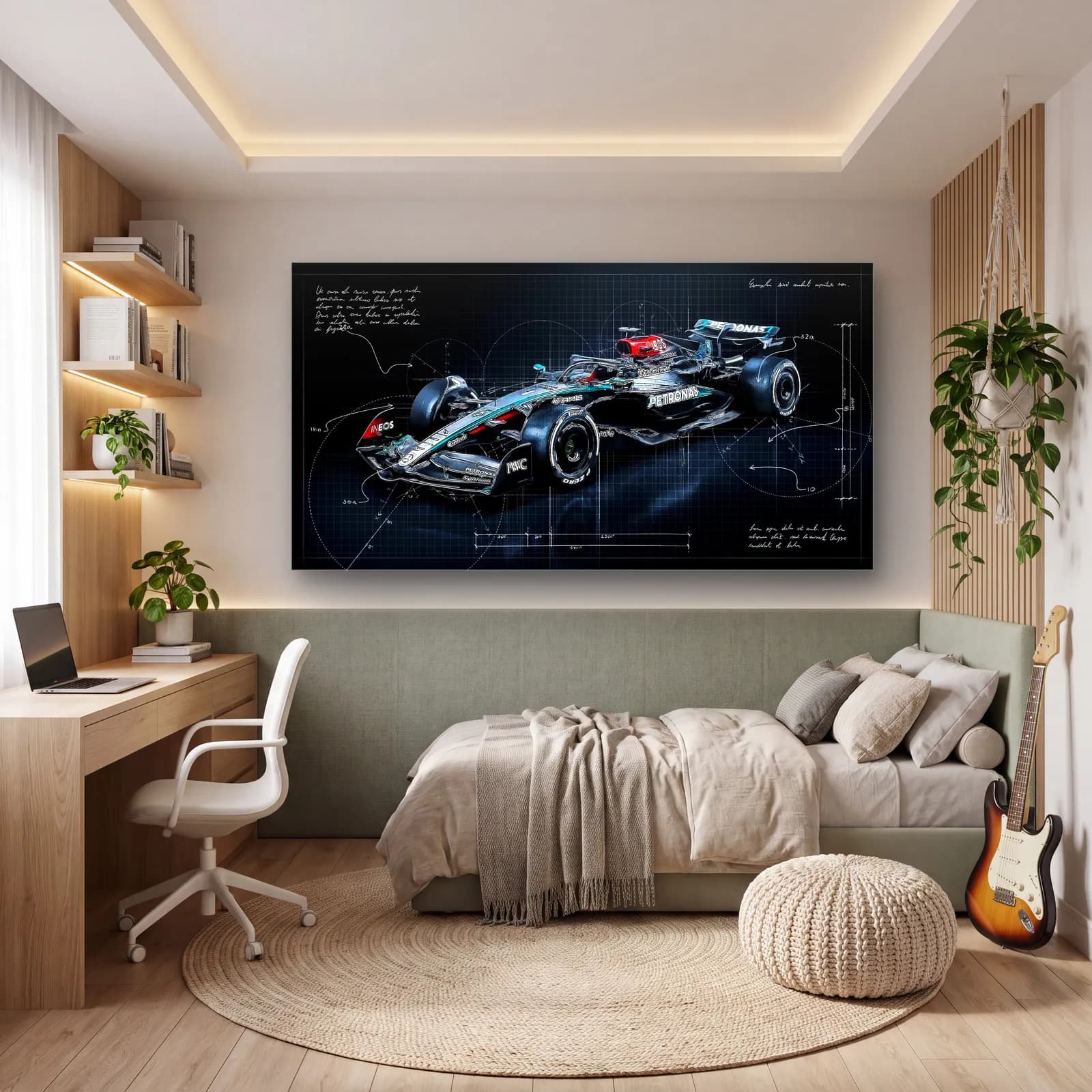 Mercedes F1 Koyu Blueprint Çapraz cam tablo — genç odasında