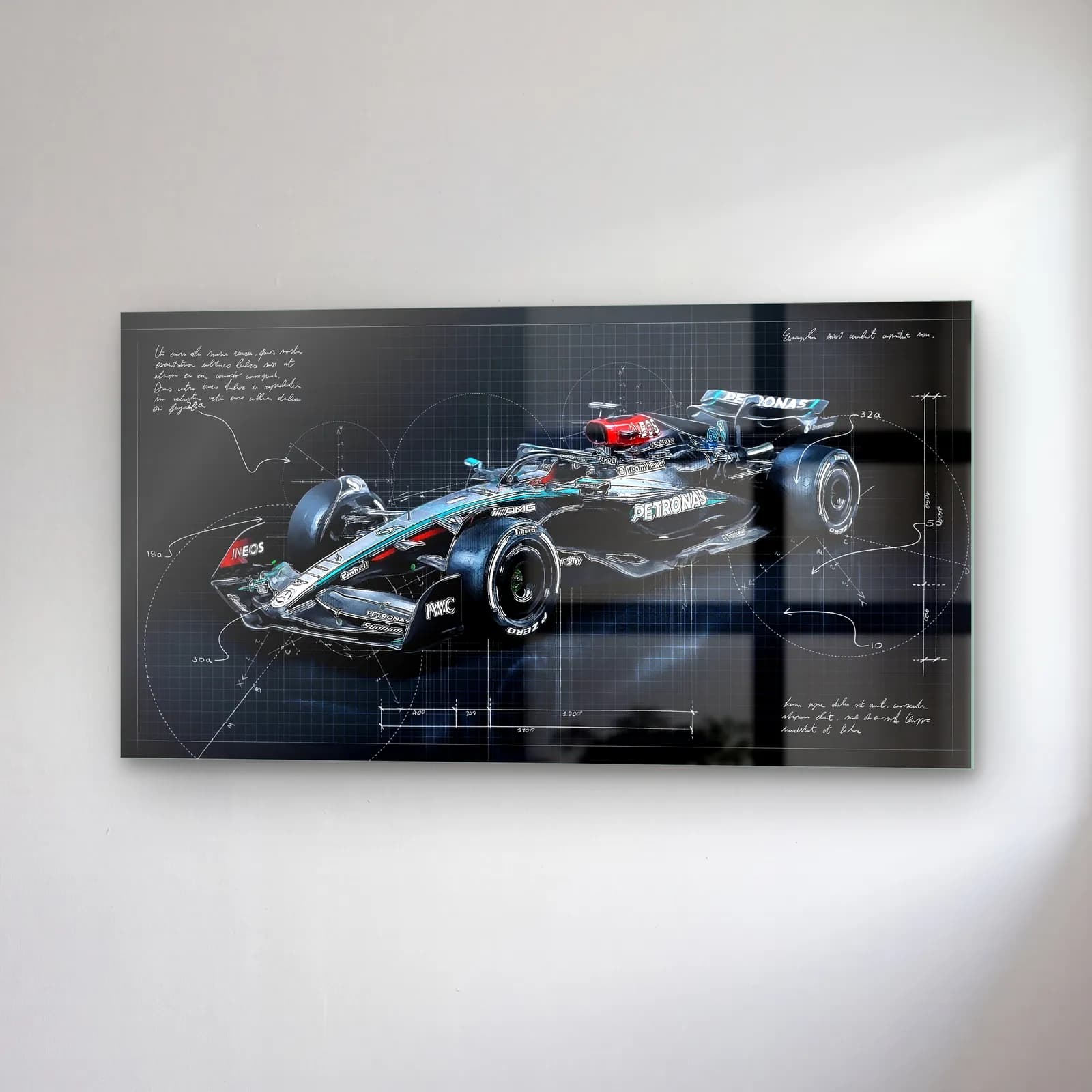 Mercedes F1 Koyu Blueprint Çapraz cam tablo — sağ açıdan görünüm