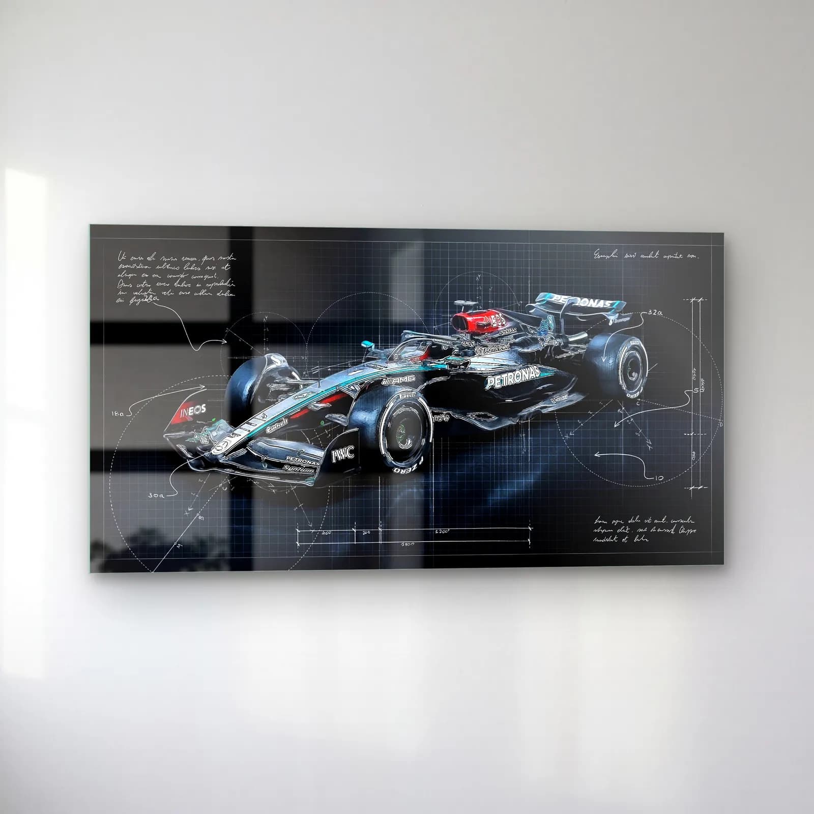 Mercedes F1 Koyu Blueprint Çapraz cam tablo — sol açıdan görünüm
