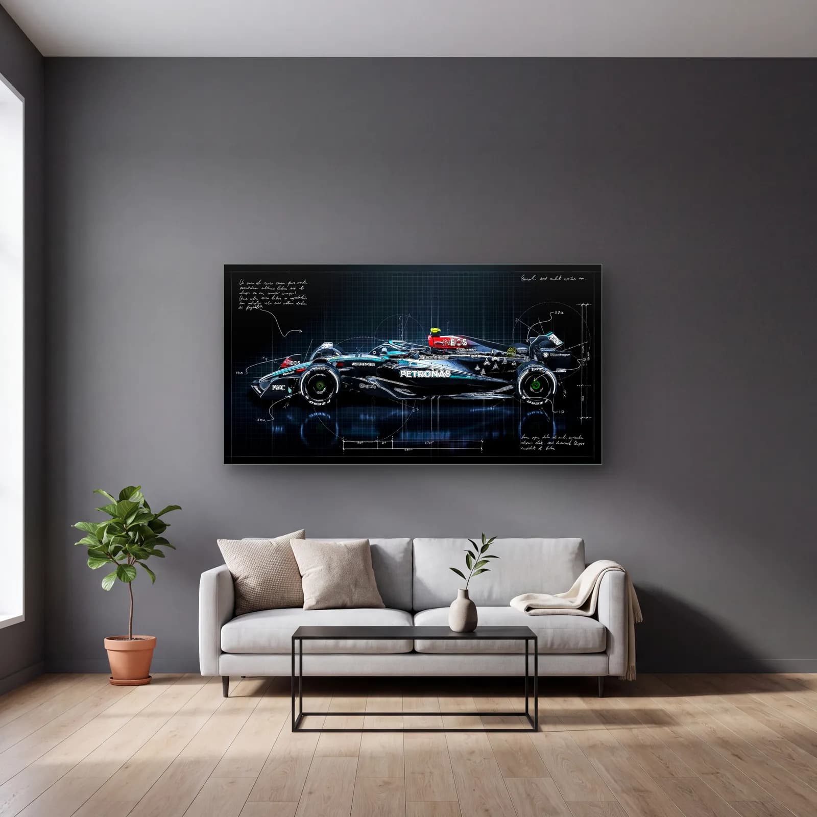 Mercedes F1 Koyu Blueprint Yan cam tablo — gri duvarlı salonda