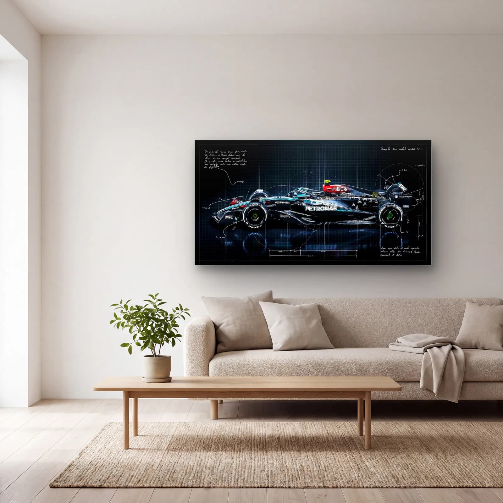 Mercedes F1 Koyu Blueprint Yan cam tablo — açık renk salonda