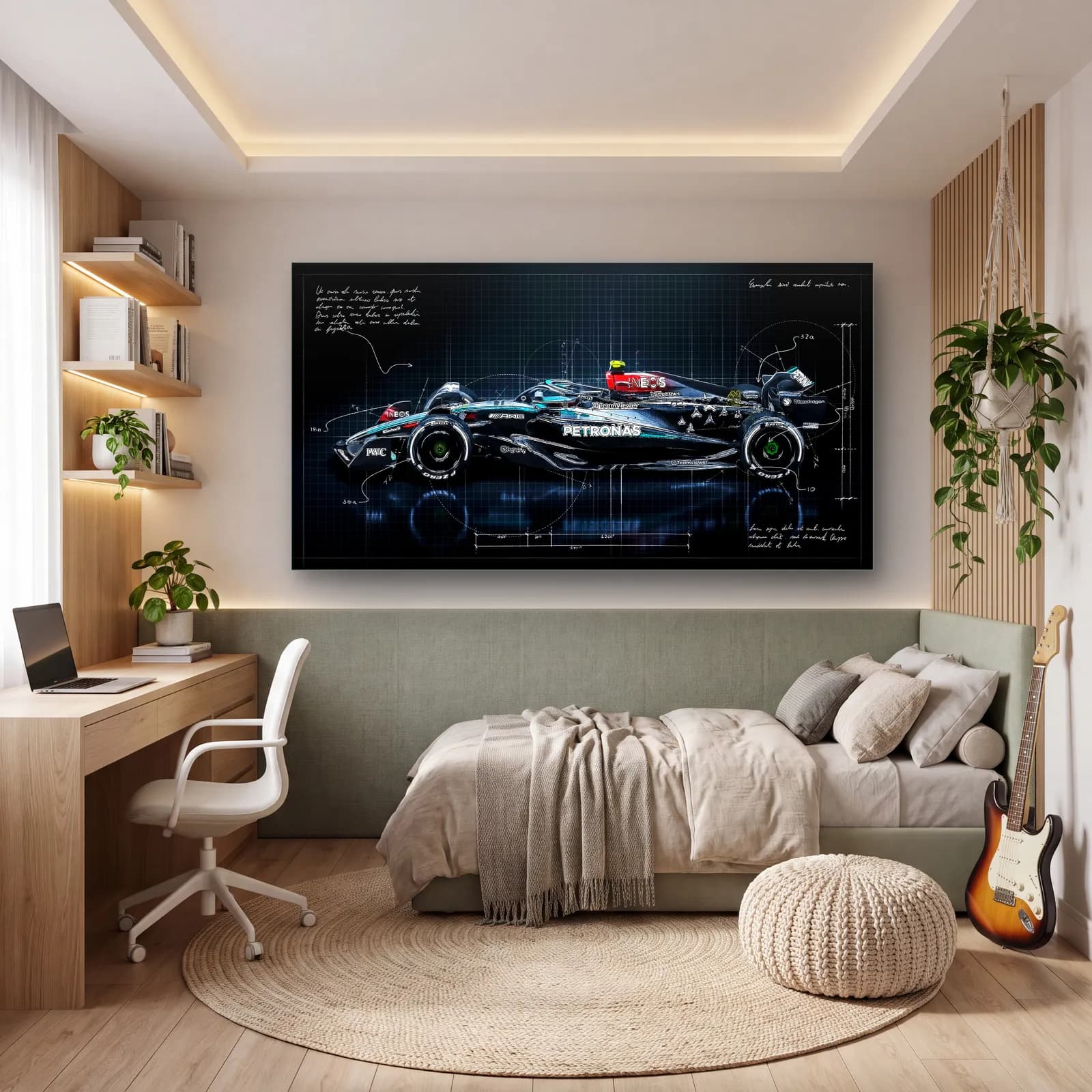 Mercedes F1 Koyu Blueprint Yan cam tablo — genç odasında