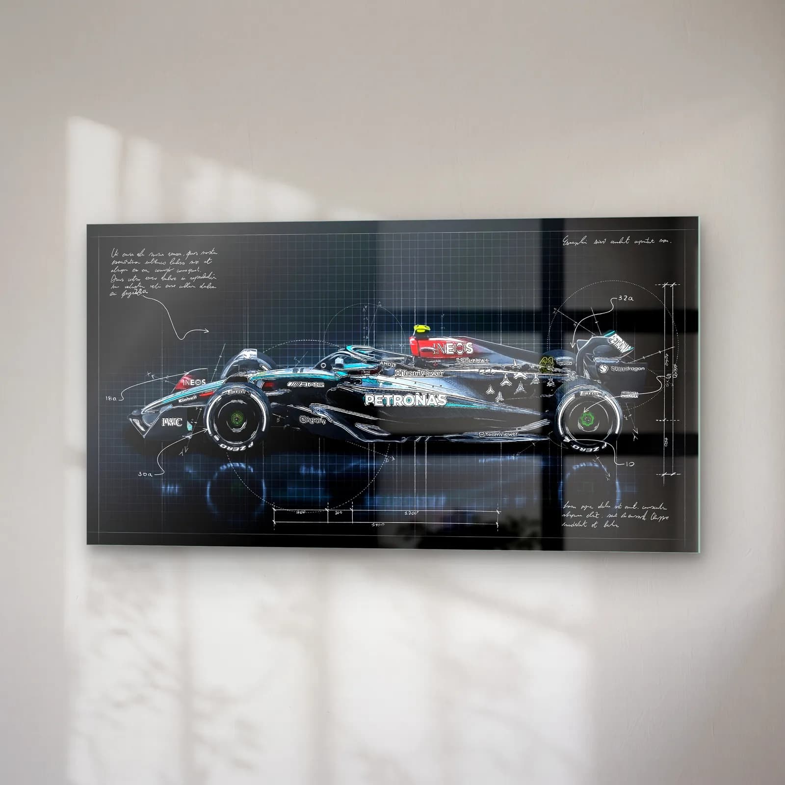 Mercedes F1 Koyu Blueprint Yan cam tablo — sağ açıdan görünüm