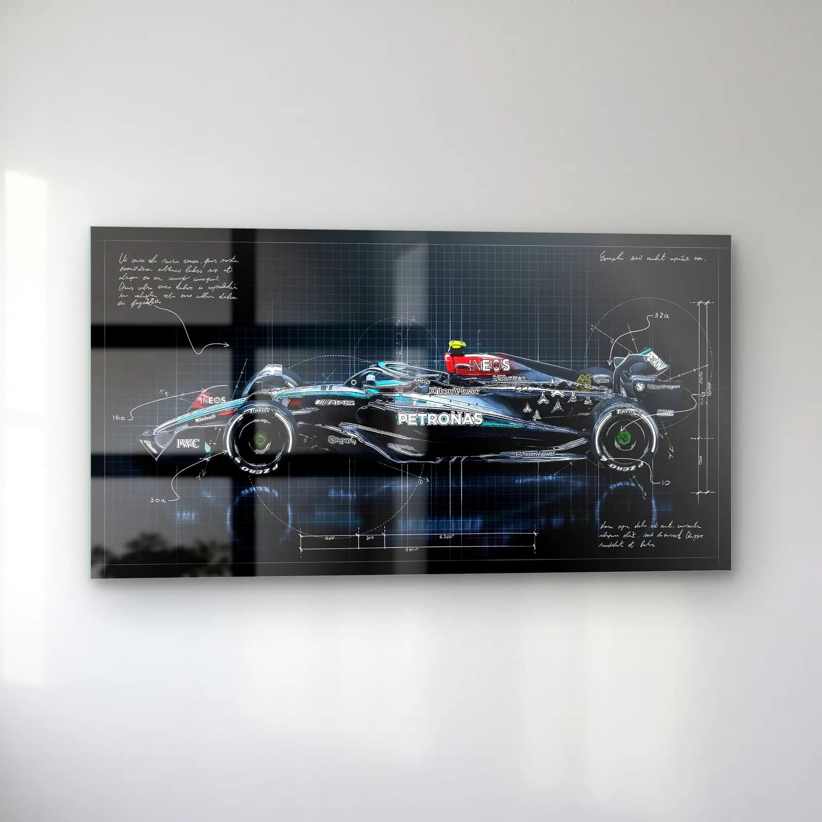 Mercedes F1 Koyu Blueprint Yan cam tablo — sol açıdan görünüm