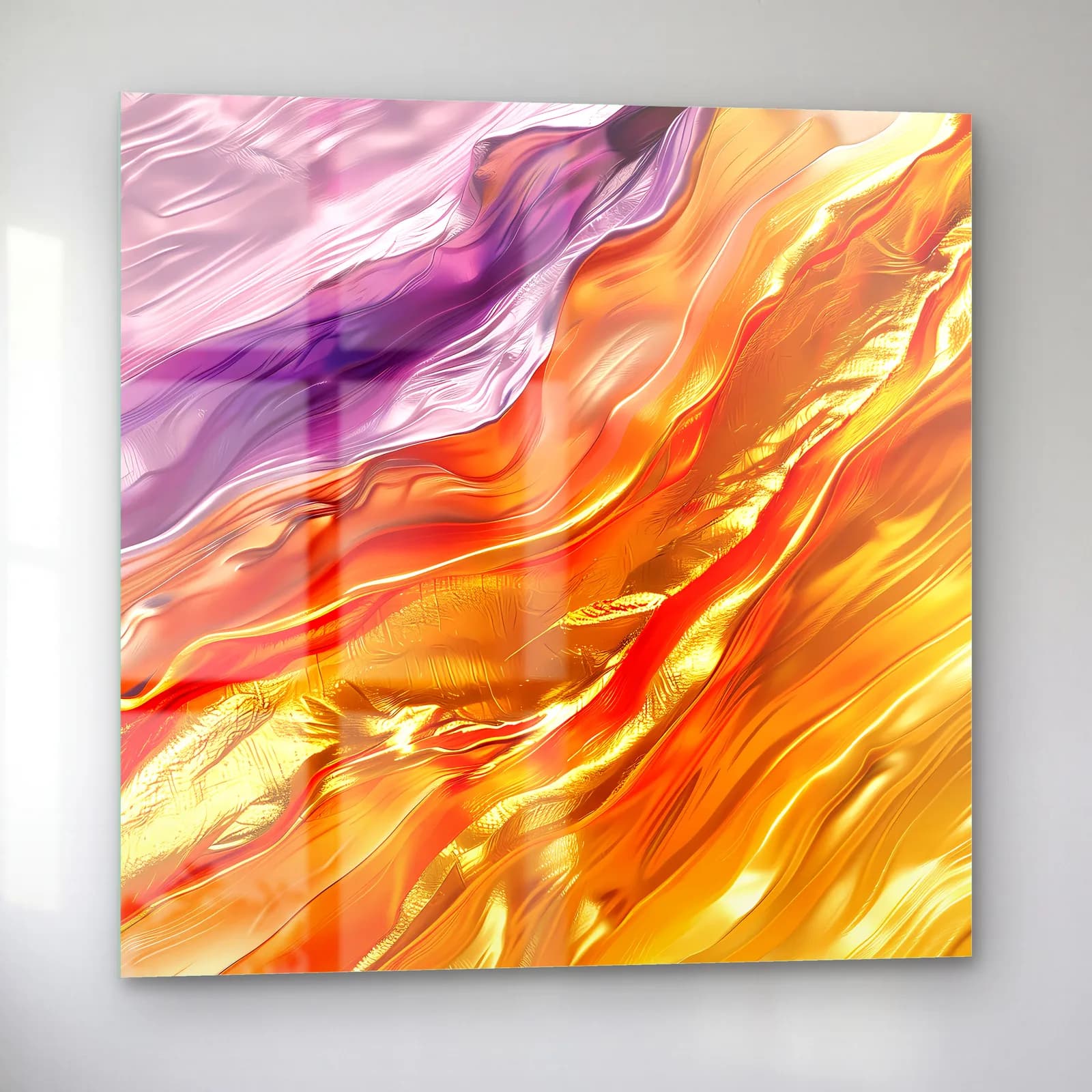 Mor Turuncu Altın Dalgalar cam tablo — sol açıdan görünüm