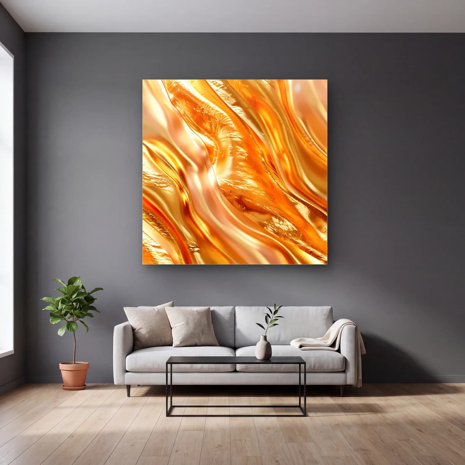 Parlak Altın Folyo Dalgalar cam tablo — gri duvarlı salonda