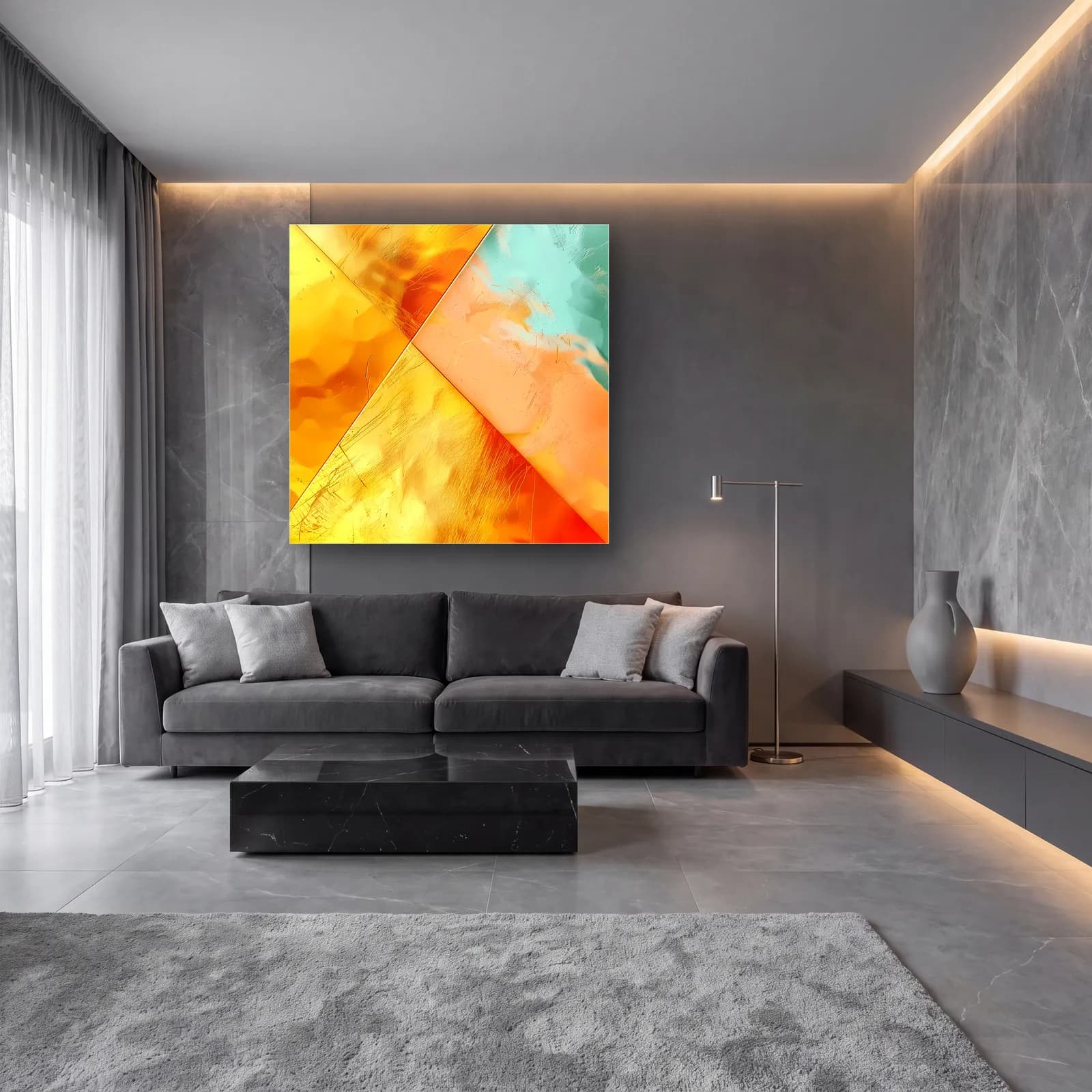 Geometrik Altın Turkuaz Kesit cam tablo — lüks salon duvarında