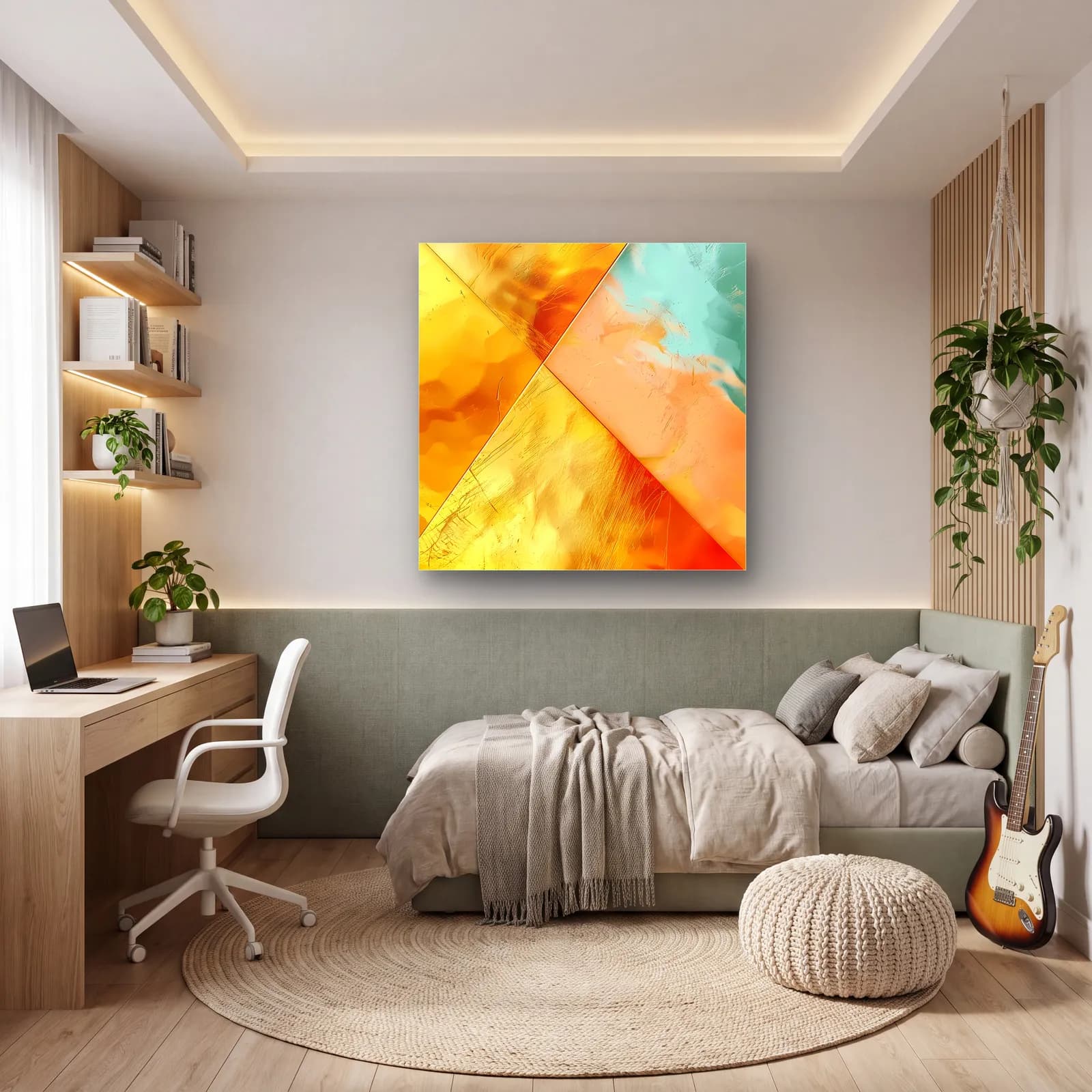 Geometrik Altın Turkuaz Kesit cam tablo — genç odasında