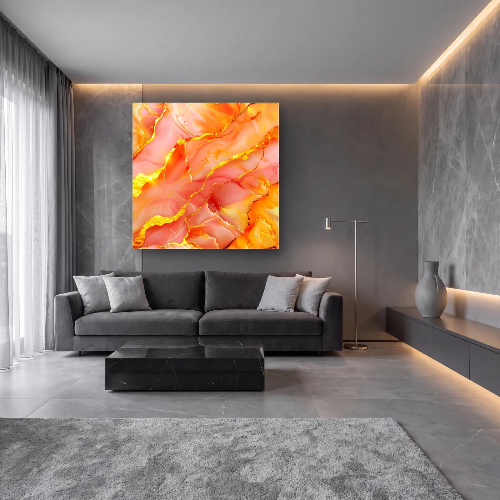 Somon Pembe Altın Mermer cam tablo — lüks salon duvarında