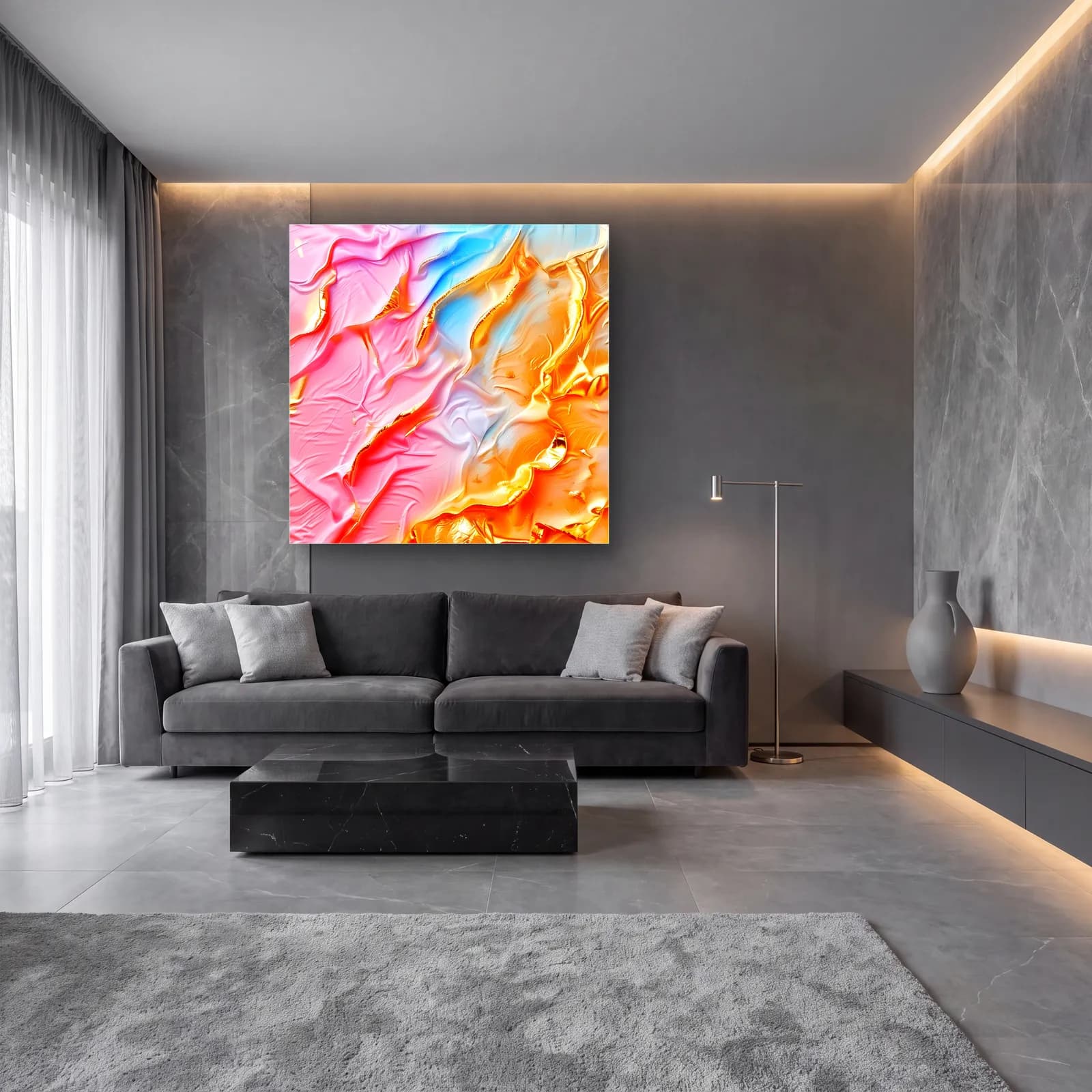 Pembe Altın Kabartma Doku cam tablo — lüks salon duvarında