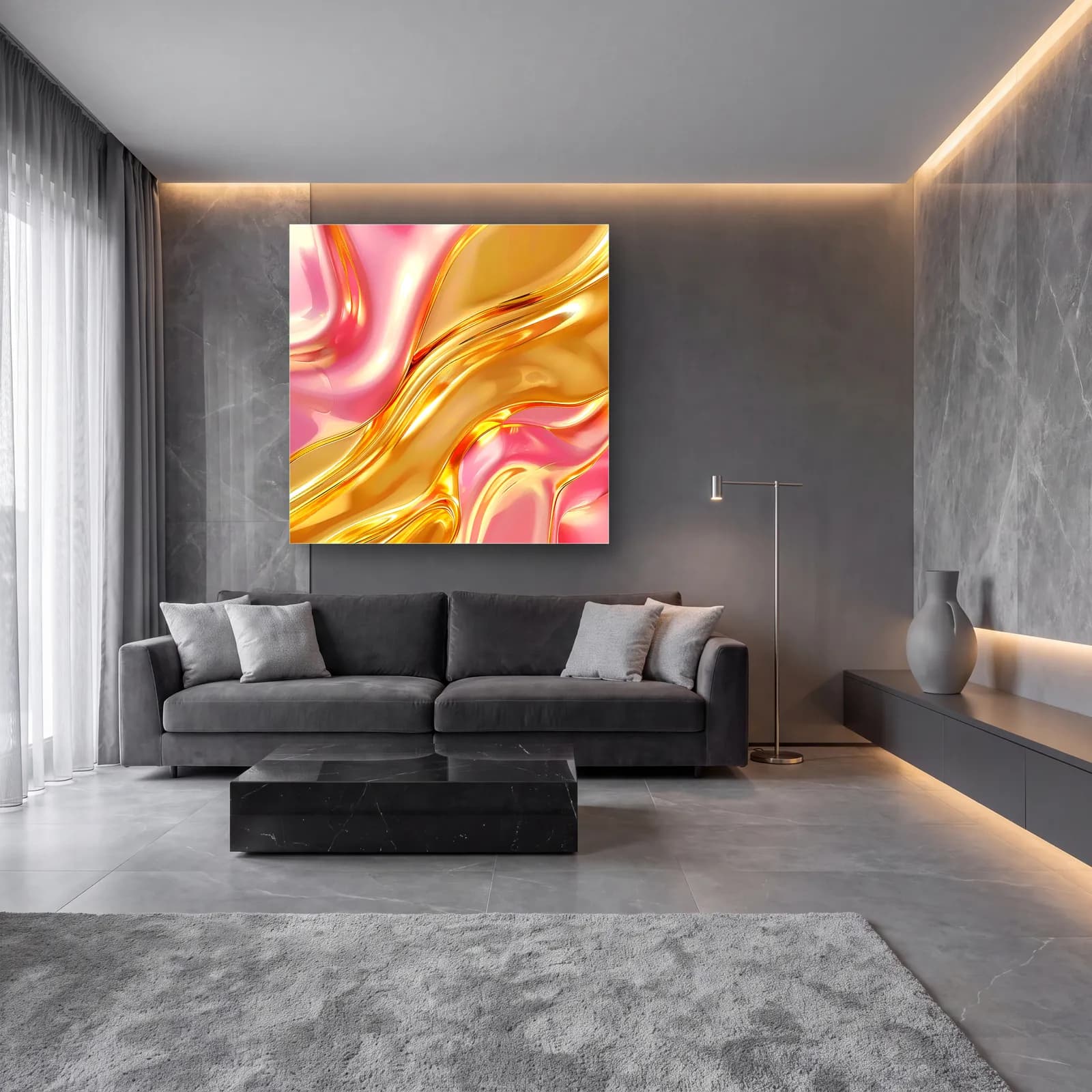 Pembe Altın Sıvı Kıvrımlar cam tablo — lüks salon duvarında